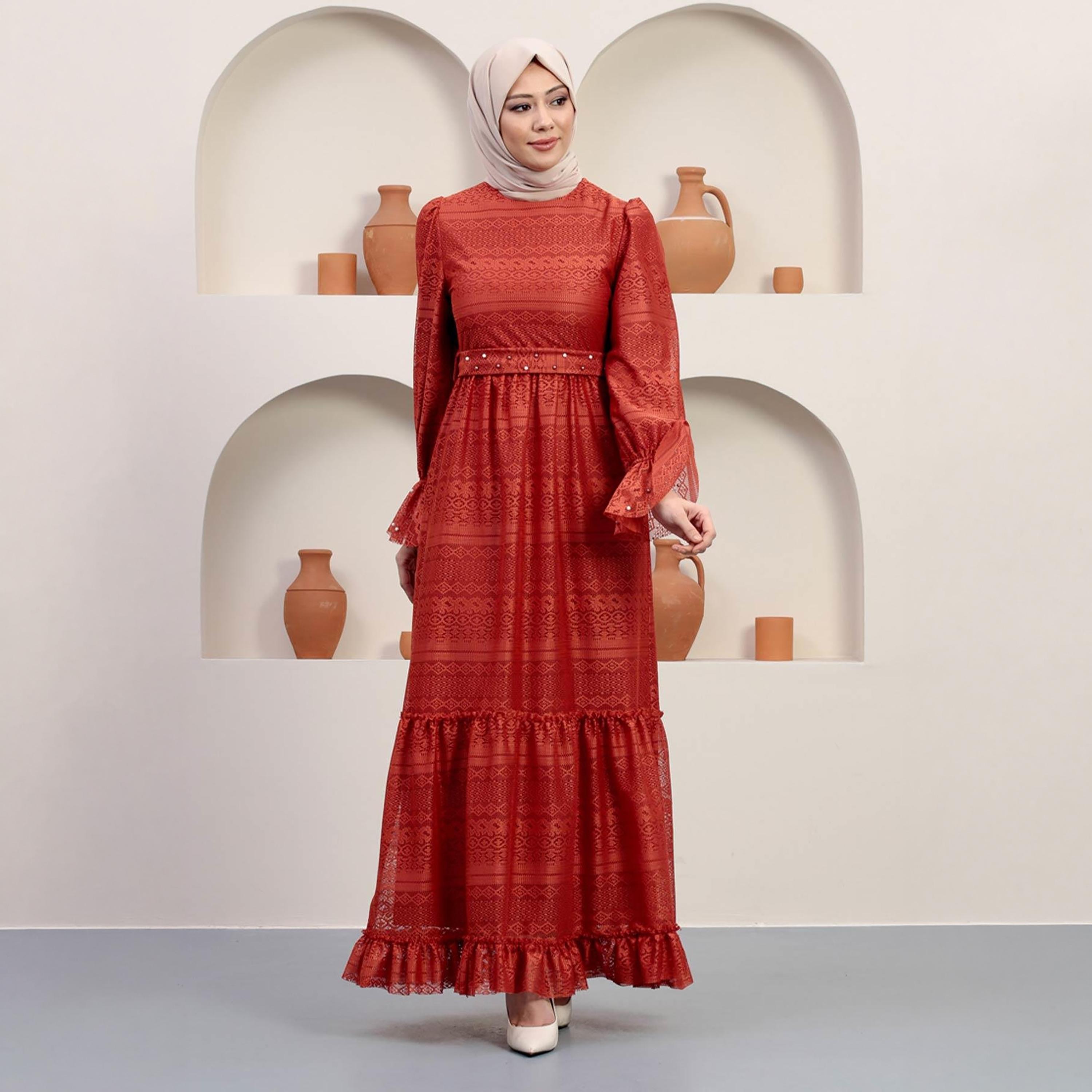 Turkish Souq Geometric Patterned Red Bishop Sleeves Evening Women's Maxi Modest Dress in Lace-women-clothing-dresses-image-1