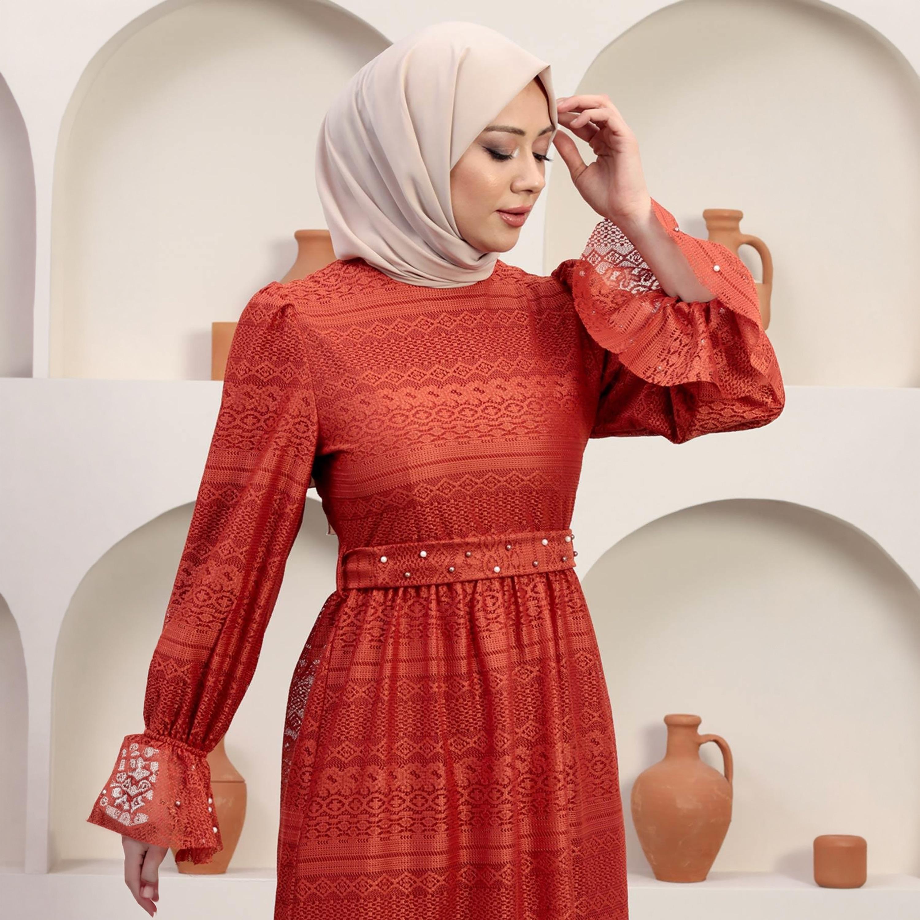 Turkish Souq Geometric Patterned Red Bishop Sleeves Evening Women's Maxi Modest Dress in Lace-women-clothing-dresses-image-2