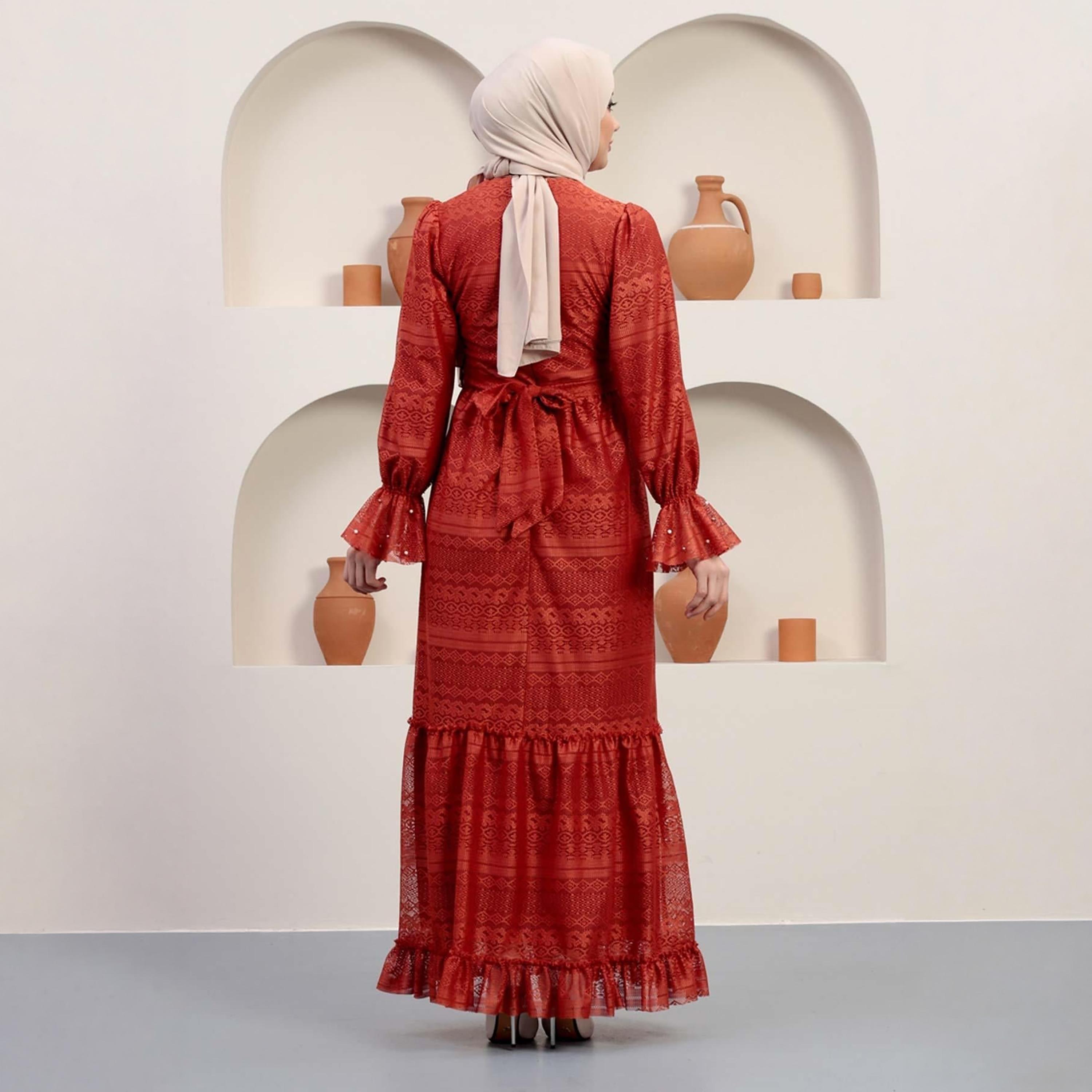 Turkish Souq Geometric Patterned Red Bishop Sleeves Evening Women's Maxi Modest Dress in Lace-women-clothing-dresses-image-3