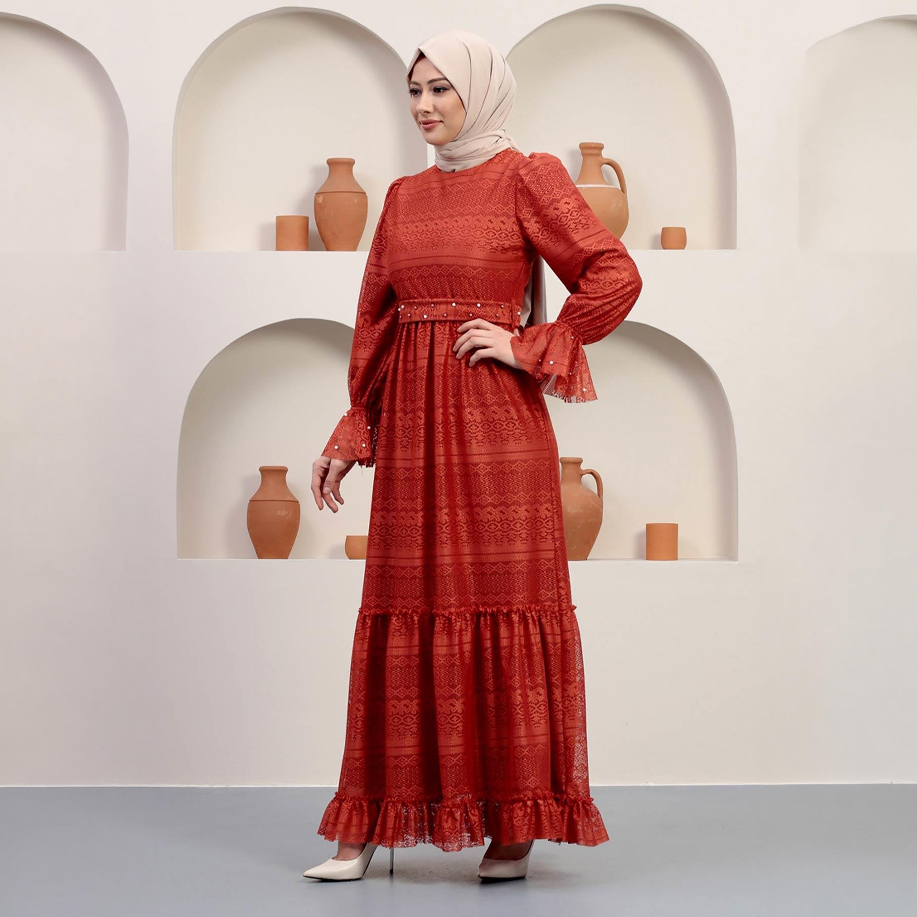 Turkish Souq Geometric Patterned Red Bishop Sleeves Evening Women's Maxi Modest Dress in Lace-women-clothing-dresses-image-4