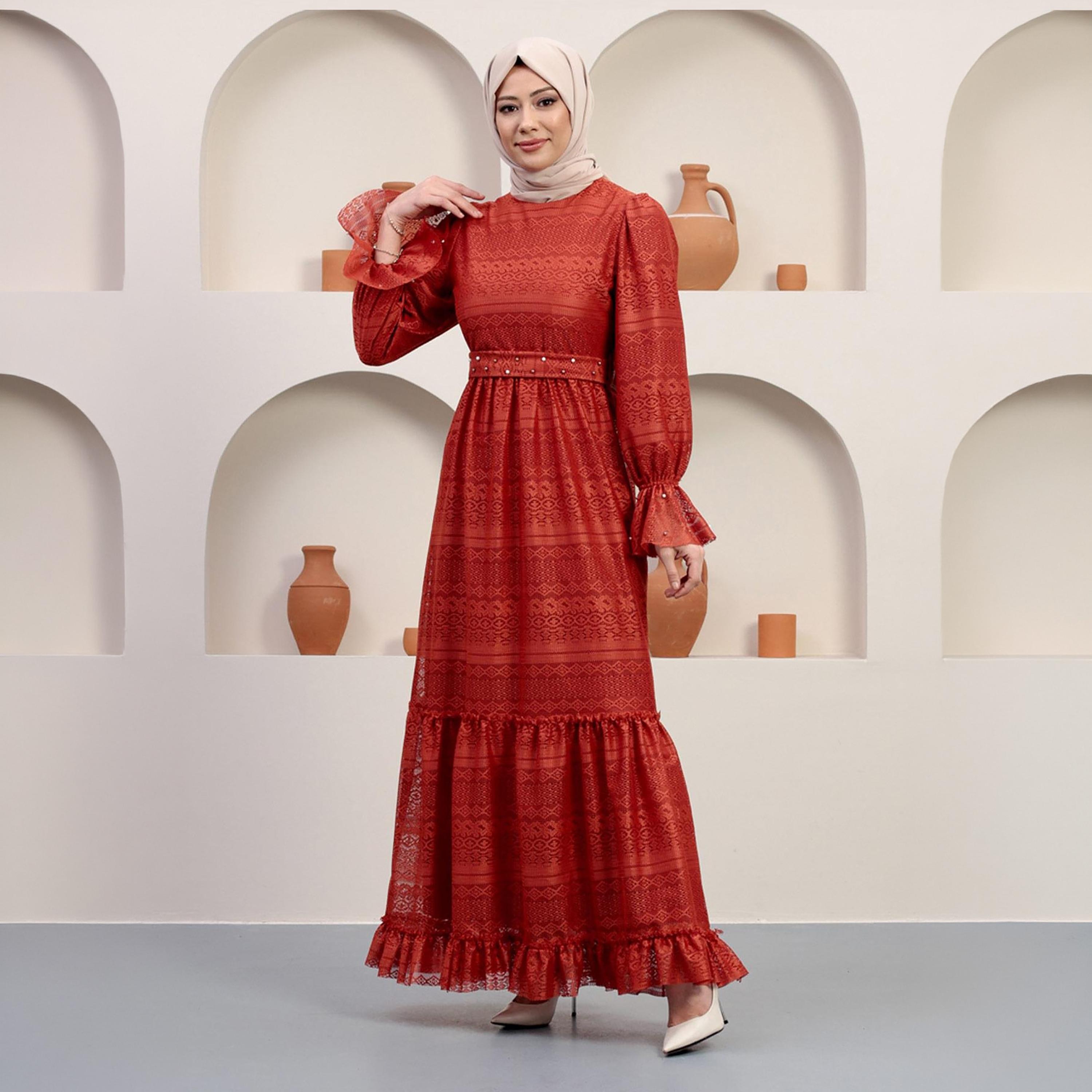 Turkish Souq Geometric Patterned Red Bishop Sleeves Evening Women's Maxi Modest Dress in Lace-women-clothing-dresses-image-5
