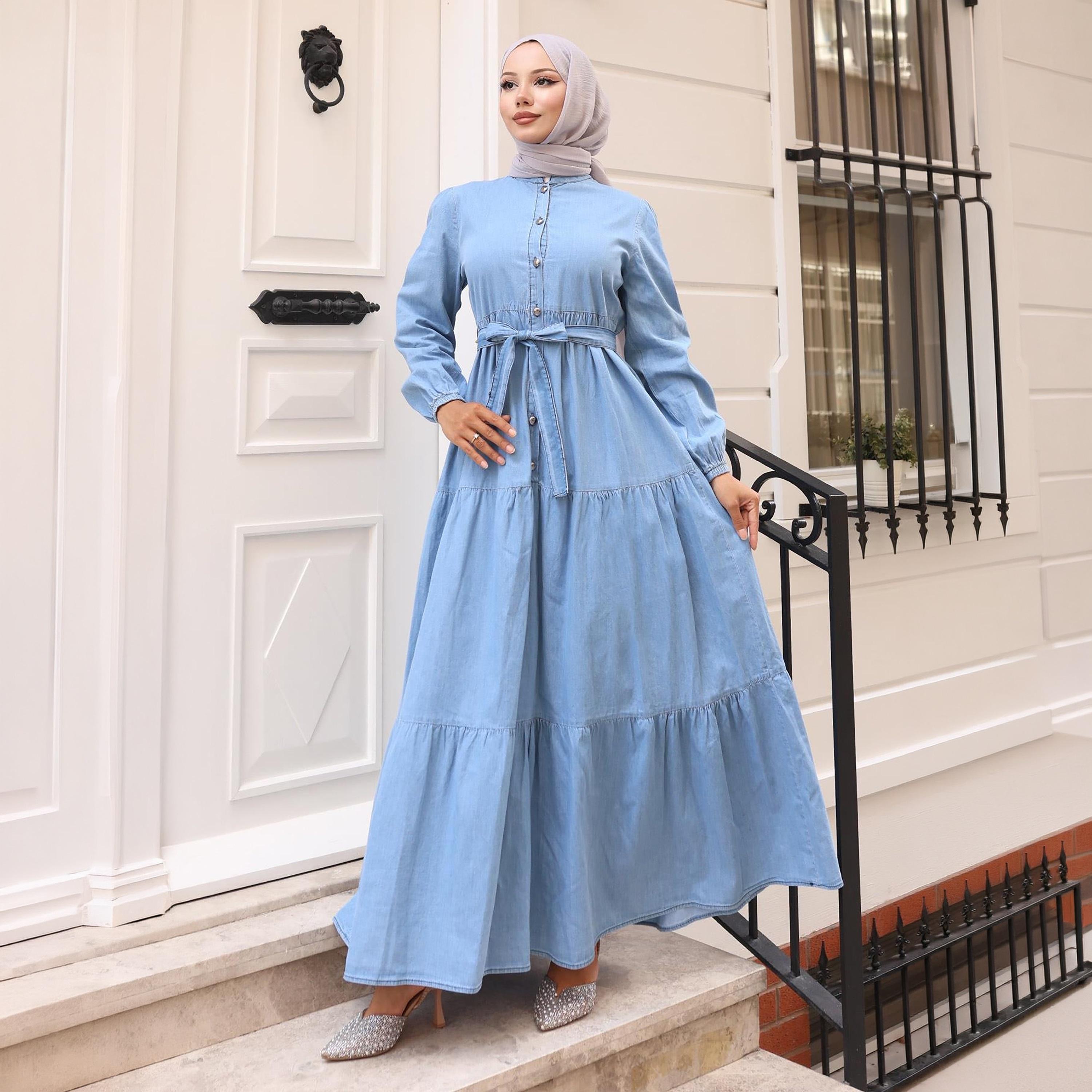 Turkish Souq Elasticated Cuff Sleeves Women's Maxi Modest Dress in Denim-women-clothing-dresses-image-1