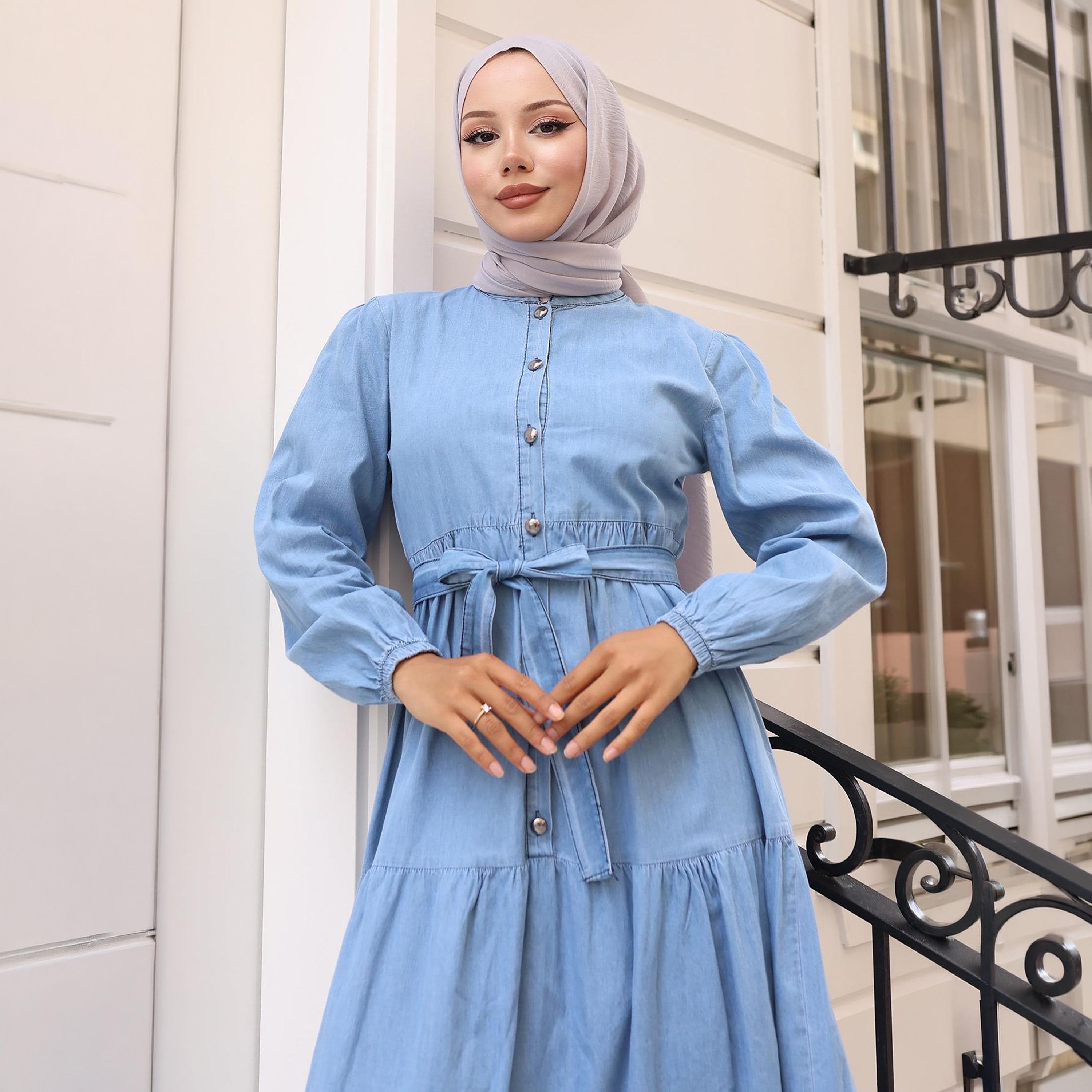 Turkish Souq Elasticated Cuff Sleeves Women's Maxi Modest Dress in Denim-women-clothing-dresses-image-2