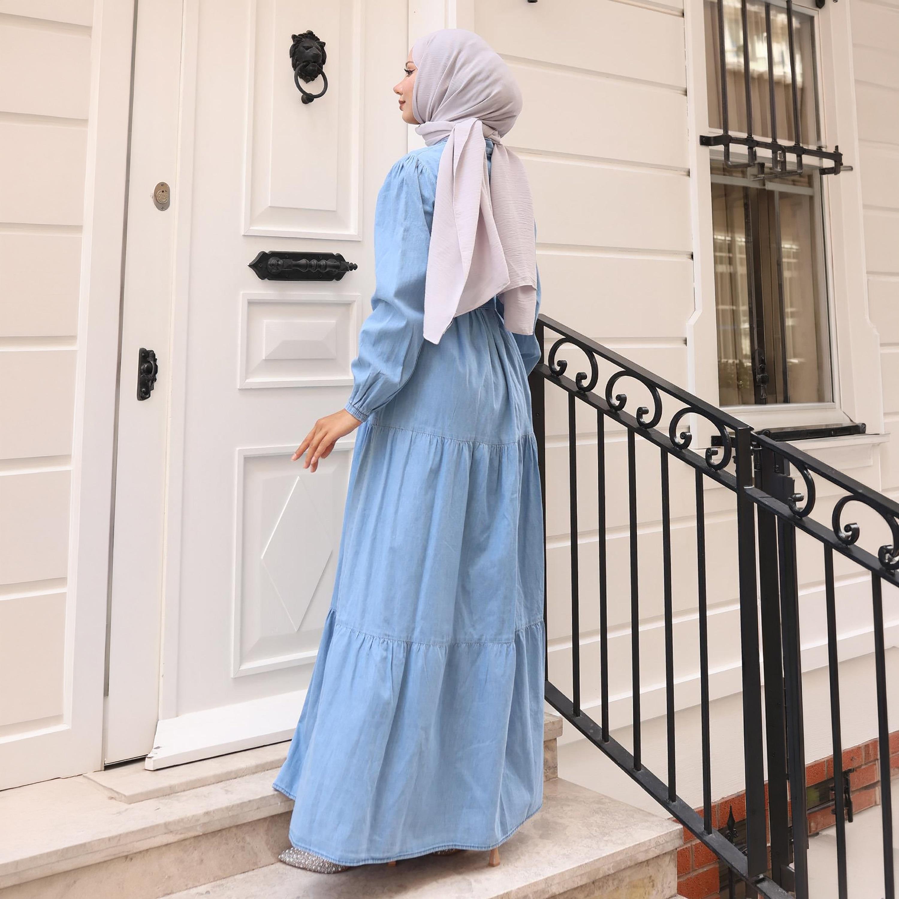 Turkish Souq Elasticated Cuff Sleeves Women's Maxi Modest Dress in Denim-women-clothing-dresses-image-3
