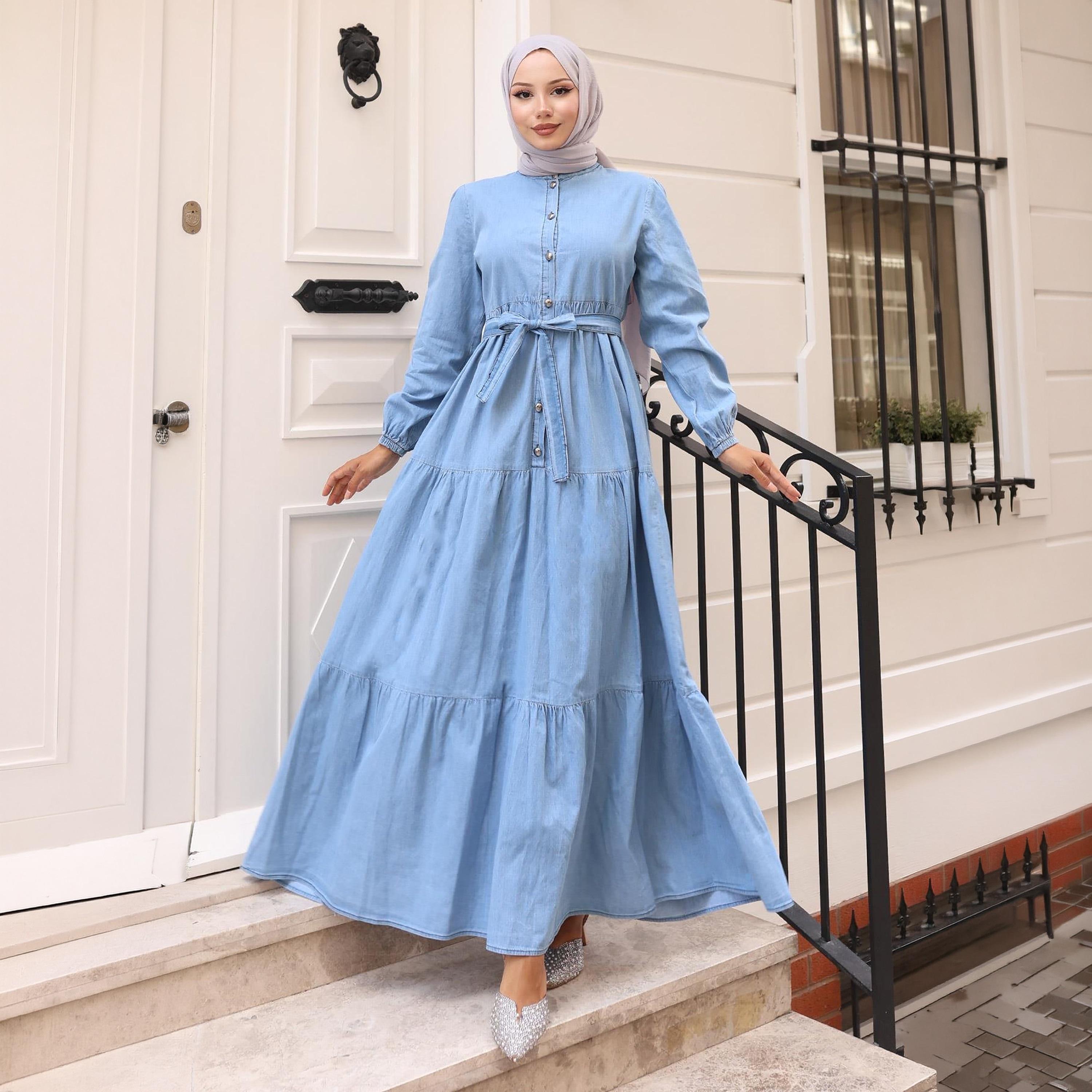 Turkish Souq Elasticated Cuff Sleeves Women's Maxi Modest Dress in Denim-women-clothing-dresses-image-4