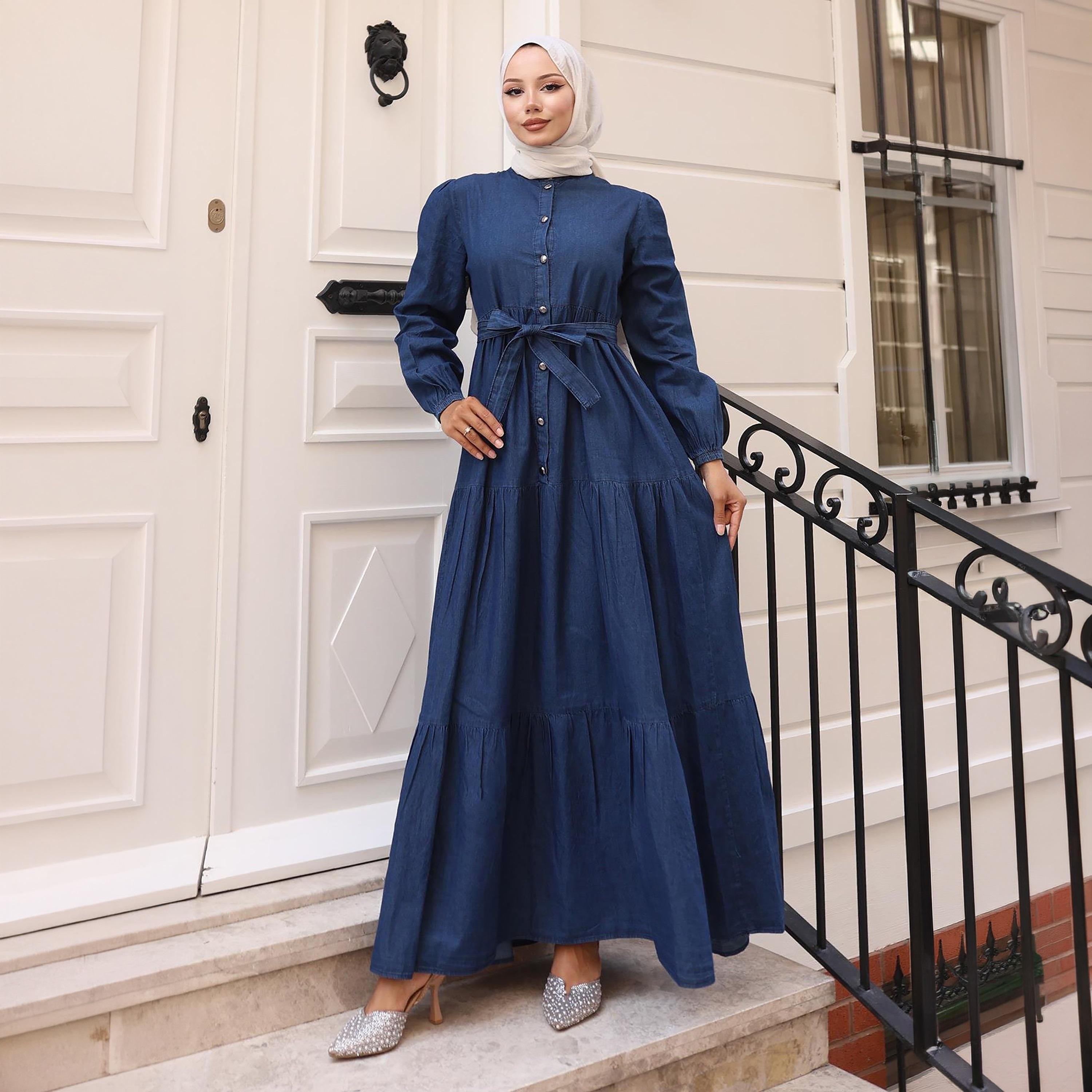 Turkish Souq Elasticated Cuff Sleeves Women's Maxi Modest Dress in Denim-women-clothing-dresses-image-1