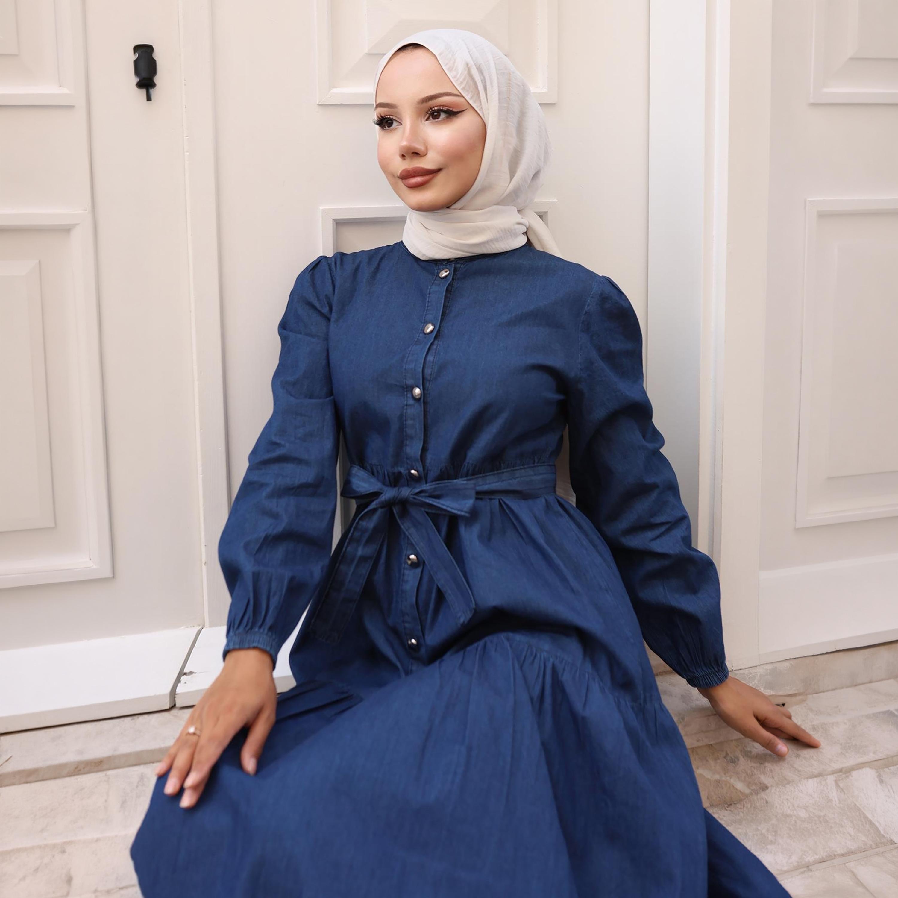 Turkish Souq Elasticated Cuff Sleeves Women's Maxi Modest Dress in Denim-women-clothing-dresses-image-2