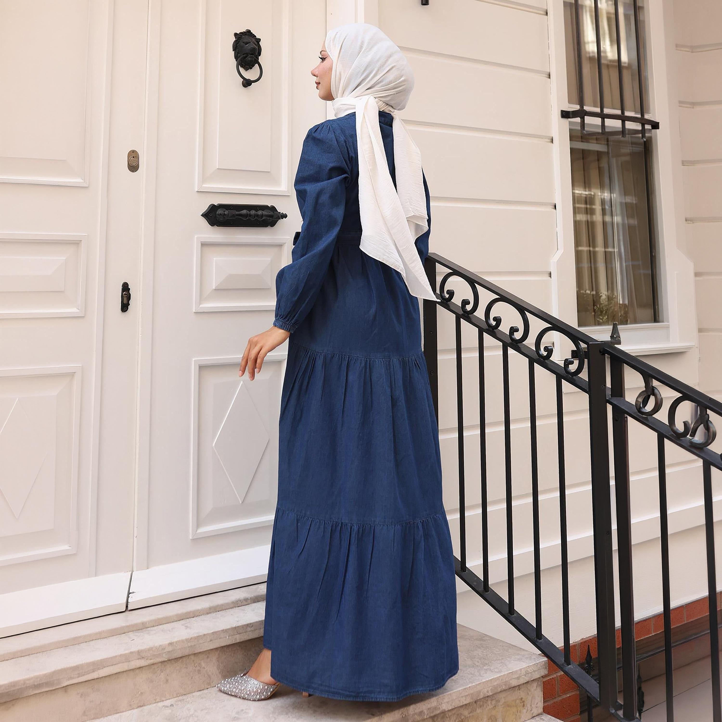 Turkish Souq Elasticated Cuff Sleeves Women's Maxi Modest Dress in Denim-women-clothing-dresses-image-3