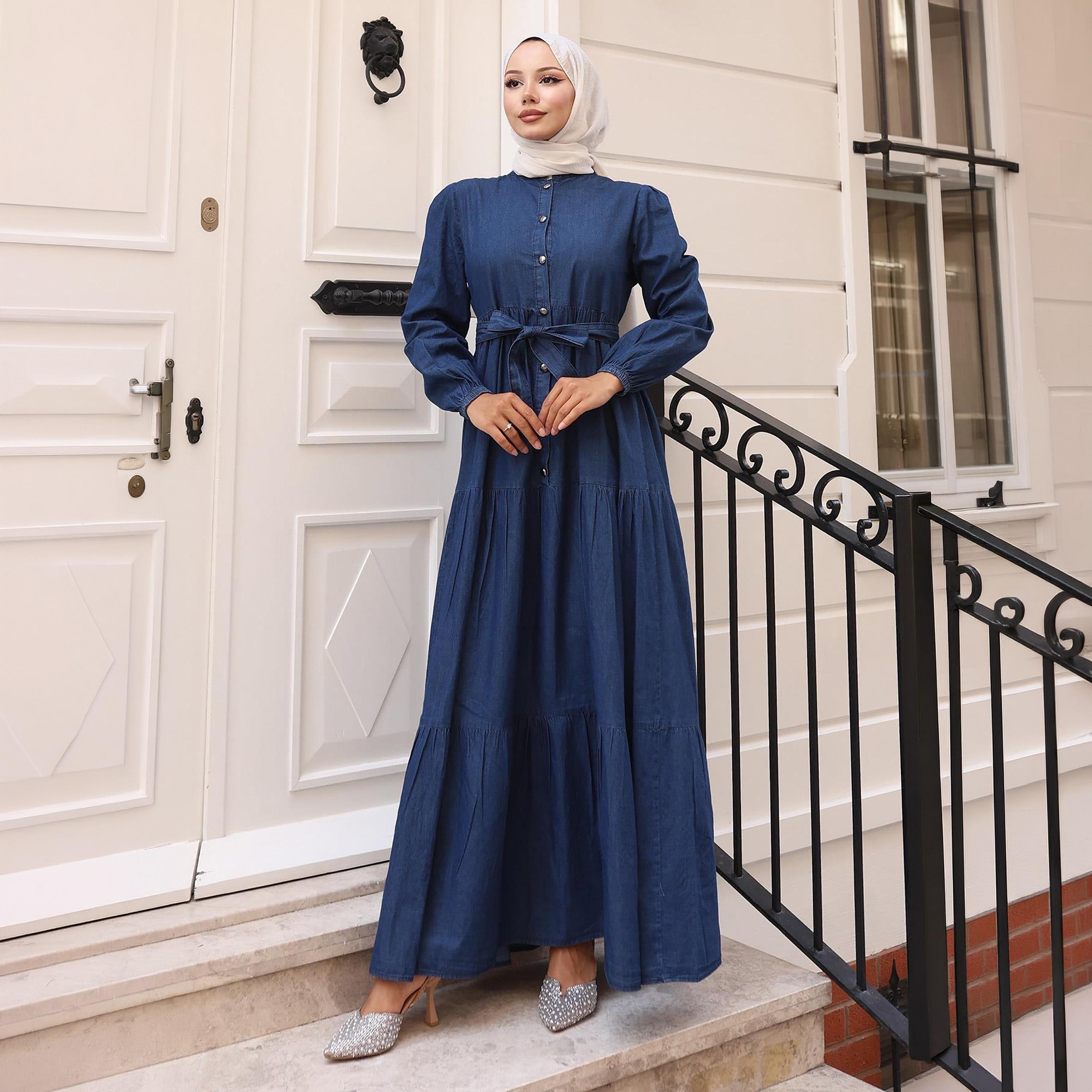 Turkish Souq Elasticated Cuff Sleeves Women's Maxi Modest Dress in Denim-women-clothing-dresses-image-4