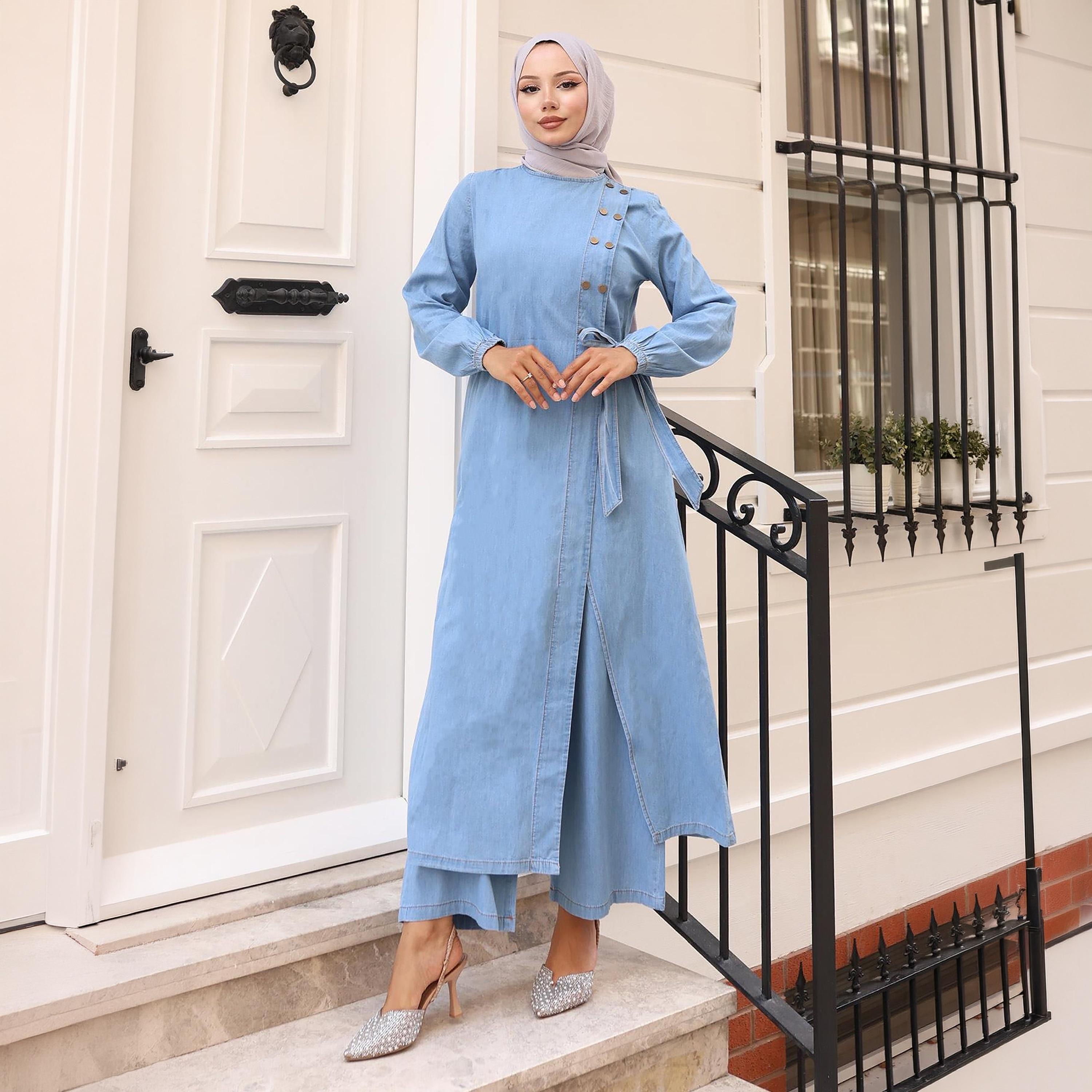 Turkish Souq Blue Denim Long Tunic & Trousers Women's Set-women-clothing-coordsets-image-1