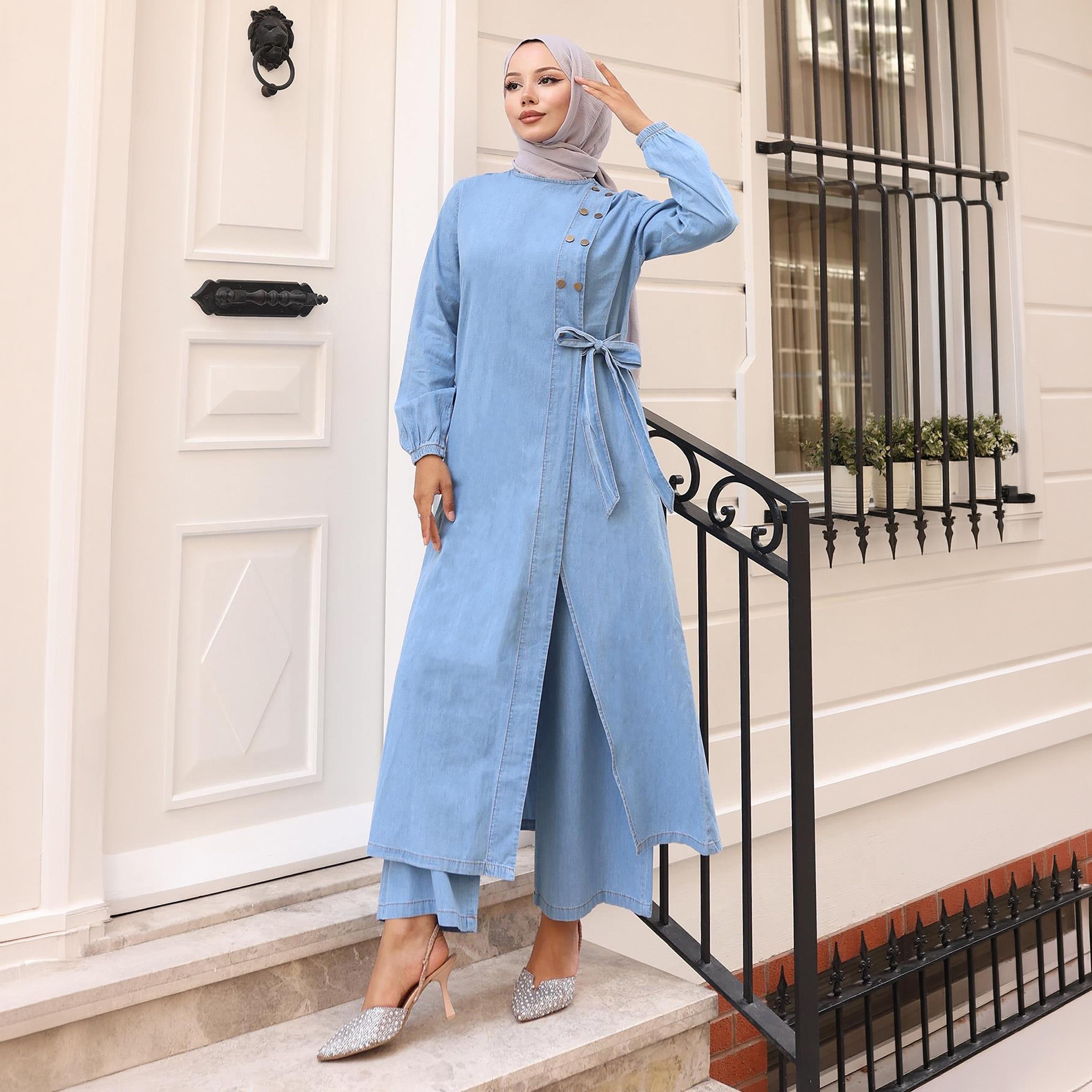 Turkish Souq Blue Denim Long Tunic & Trousers Women's Set-women-clothing-coordsets-image-2
