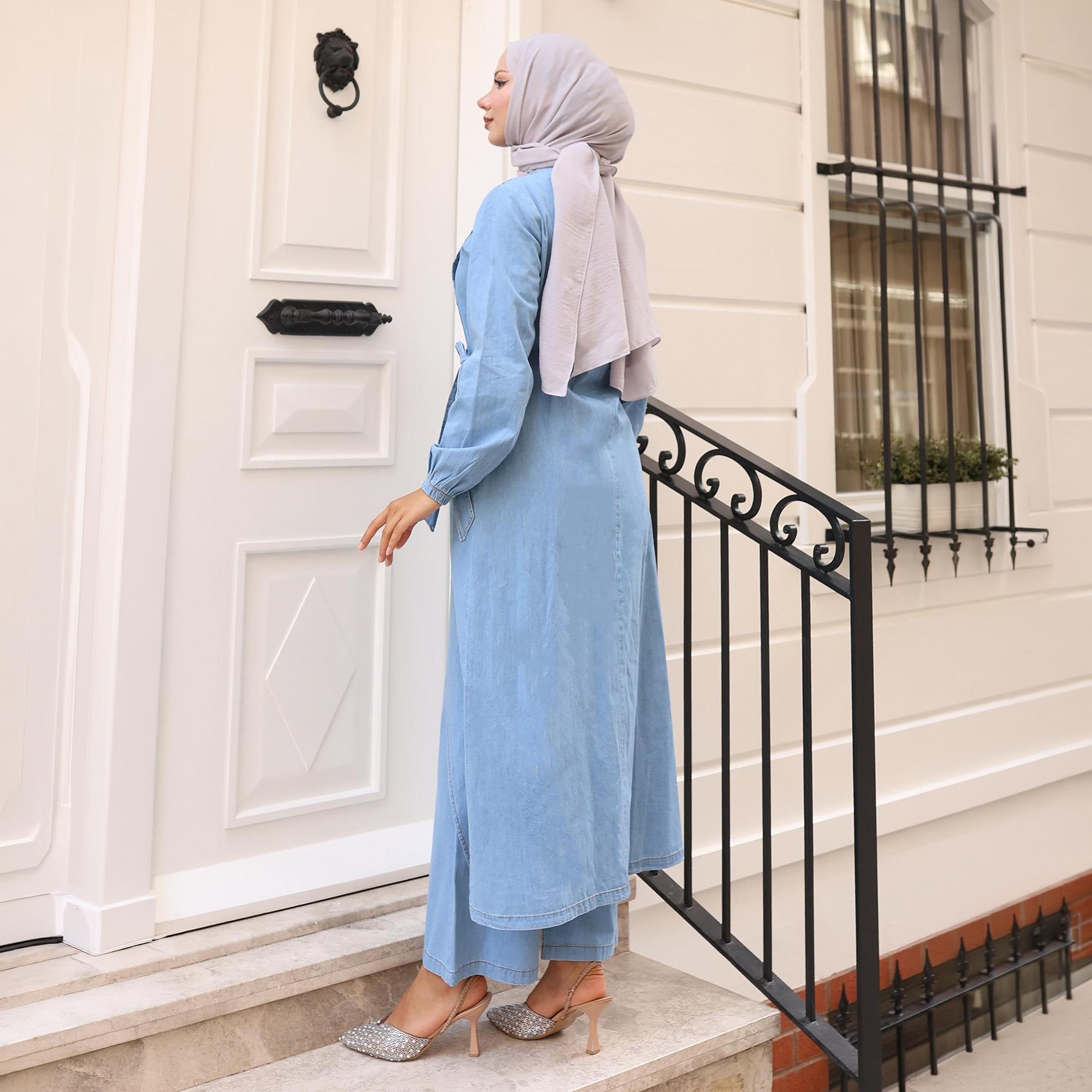 Turkish Souq Blue Denim Long Tunic & Trousers Women's Set-women-clothing-coordsets-image-3