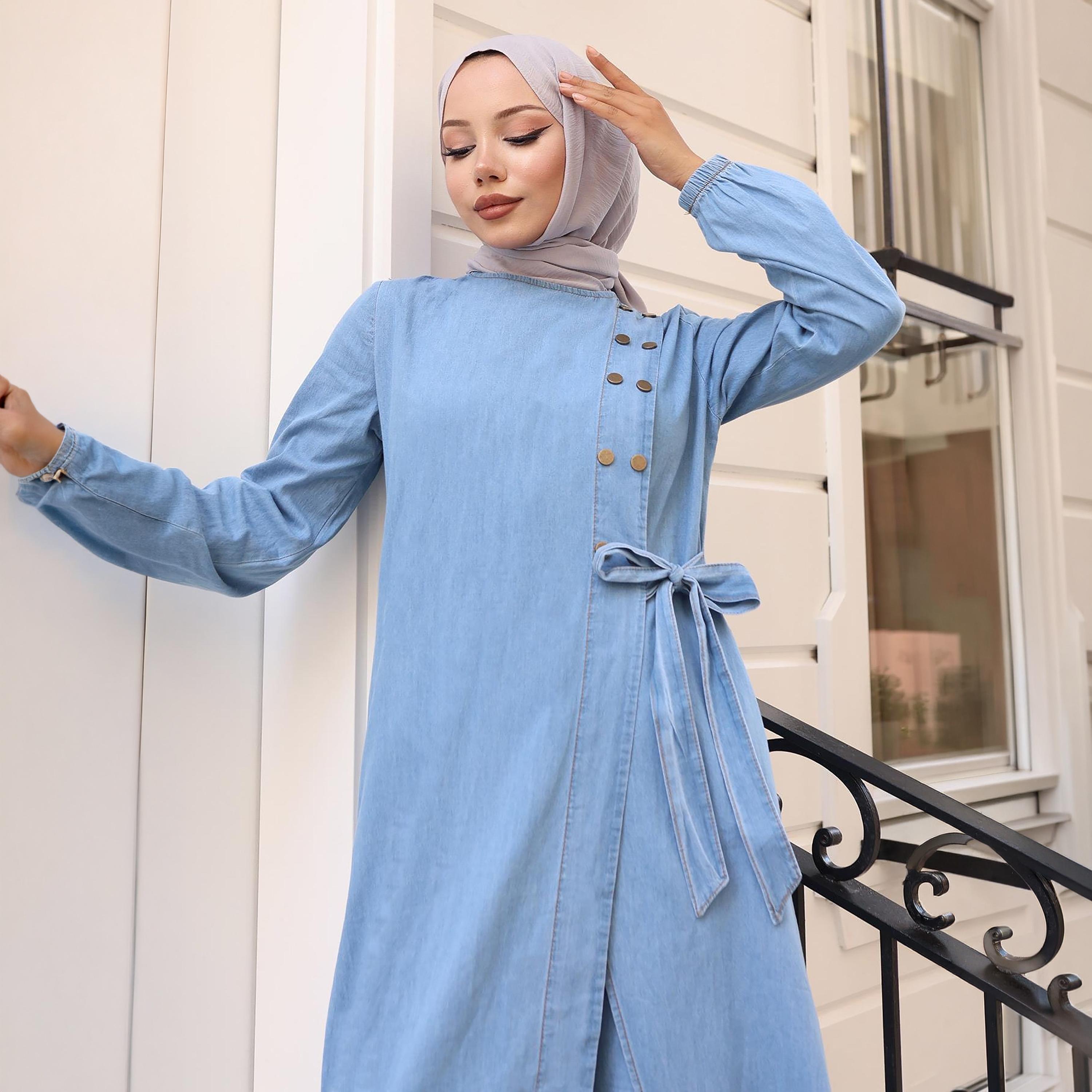 Turkish Souq Blue Denim Long Tunic & Trousers Women's Set-women-clothing-coordsets-image-4