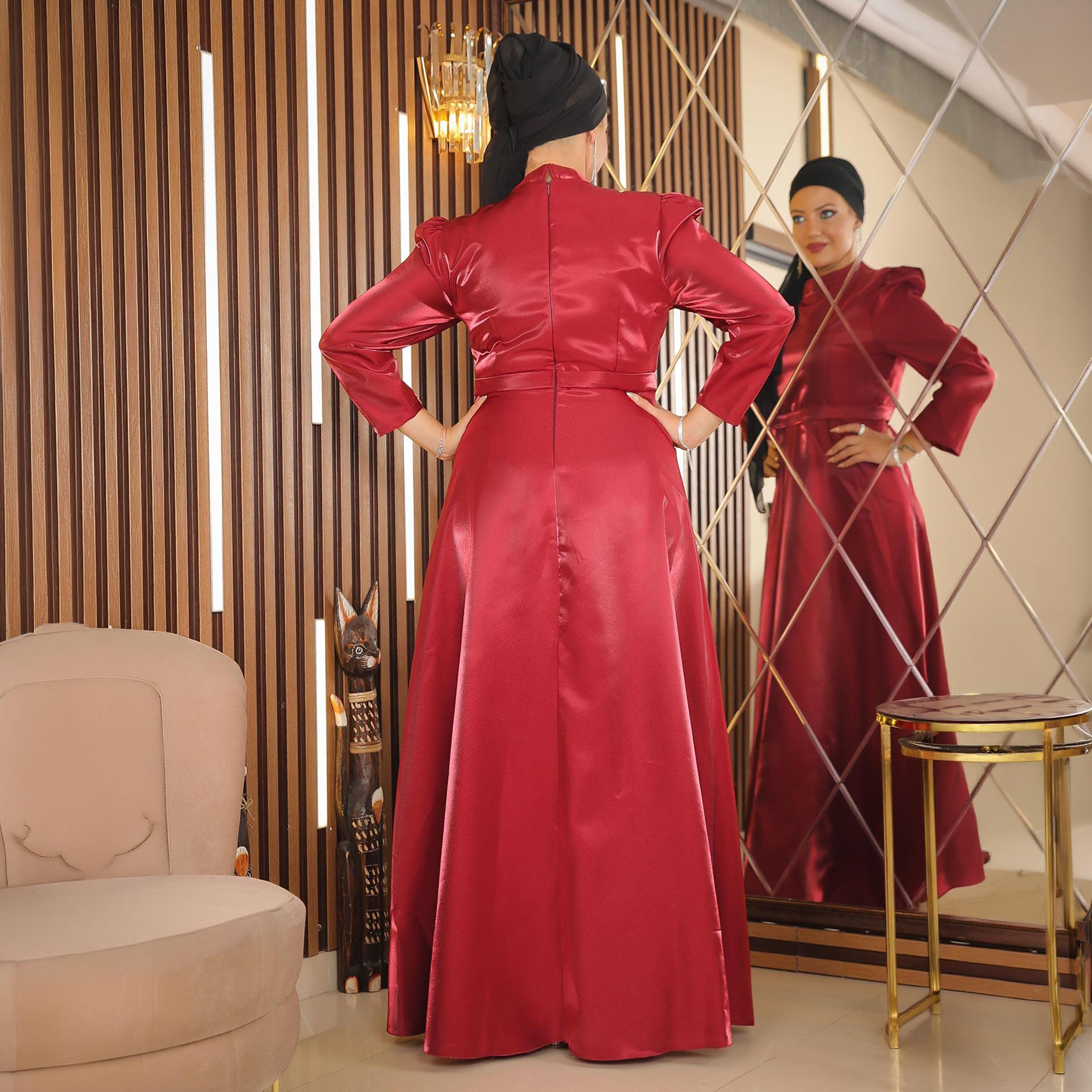 Turkish Souq Puff Sleeves Evening Women's Maxi Modest Dress in Crepe Satin-women-clothing-dresses-image-3
