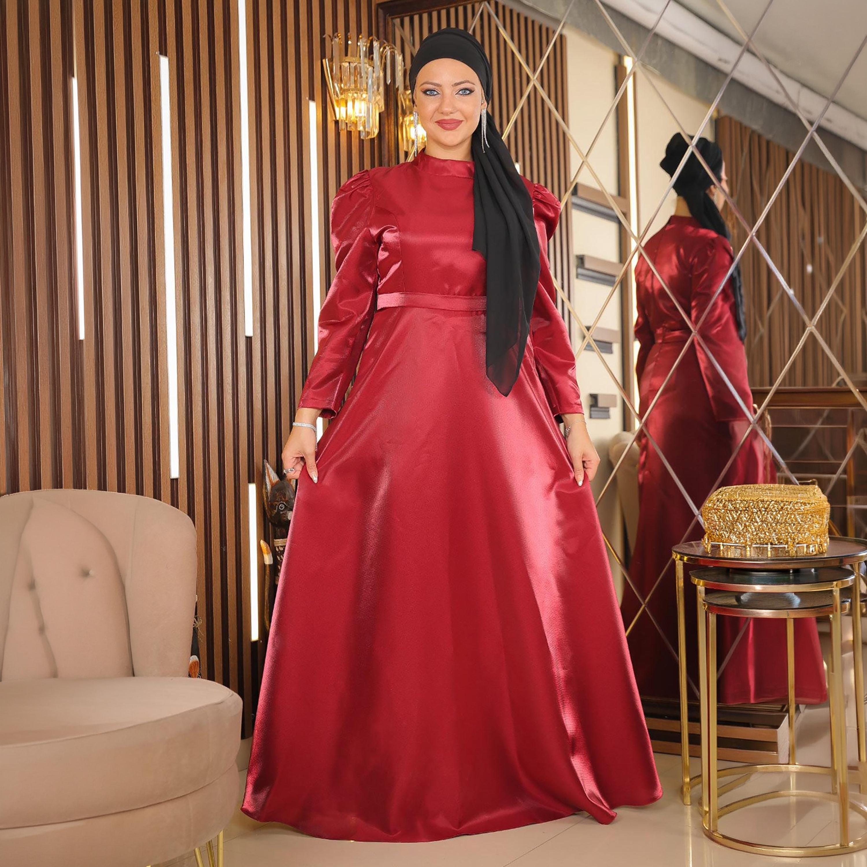 Turkish Souq Puff Sleeves Evening Women's Maxi Modest Dress in Crepe Satin-women-clothing-dresses-image-4