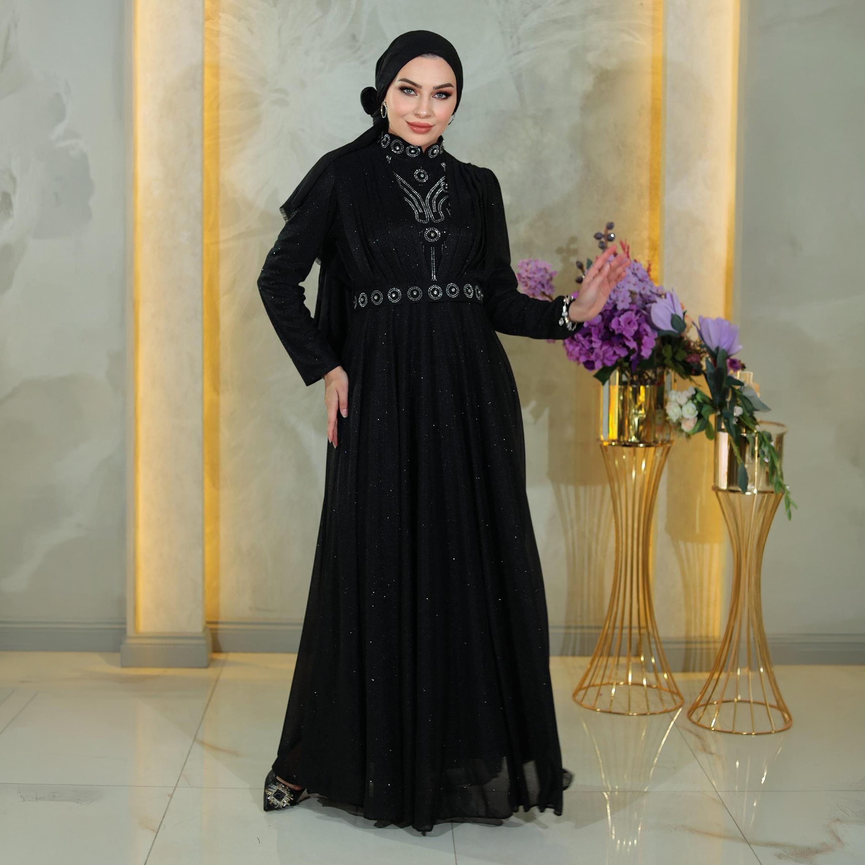 فستان سهرة ماكسي محتشم نسائي براق من الشيفون من توركيش سوق-women-clothing-dresses-image-1
