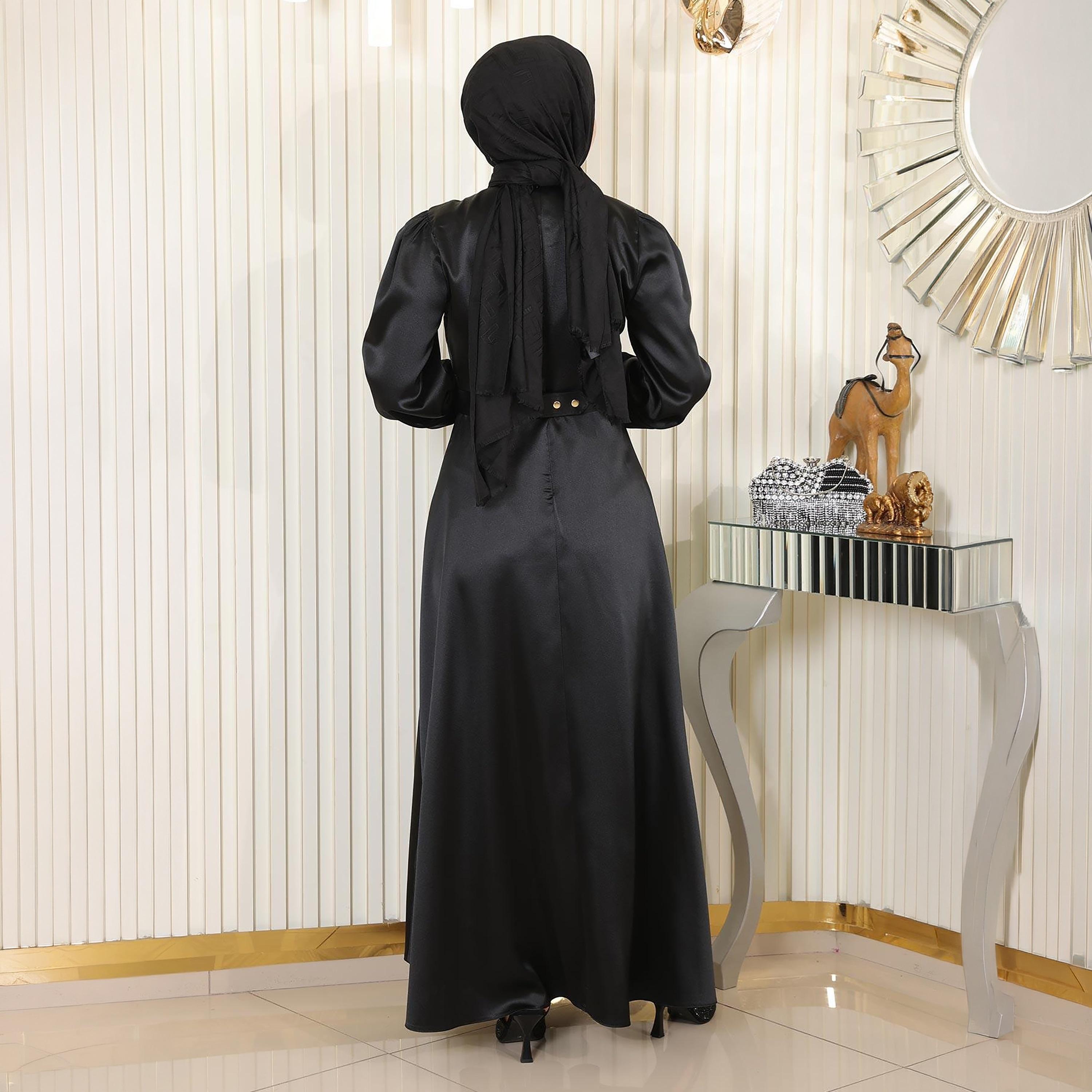 Turkish Souq Elasticated Cuff Sleeves Evening Women's Maxi Modest Dress in Satin-women-clothing-dresses-image-3