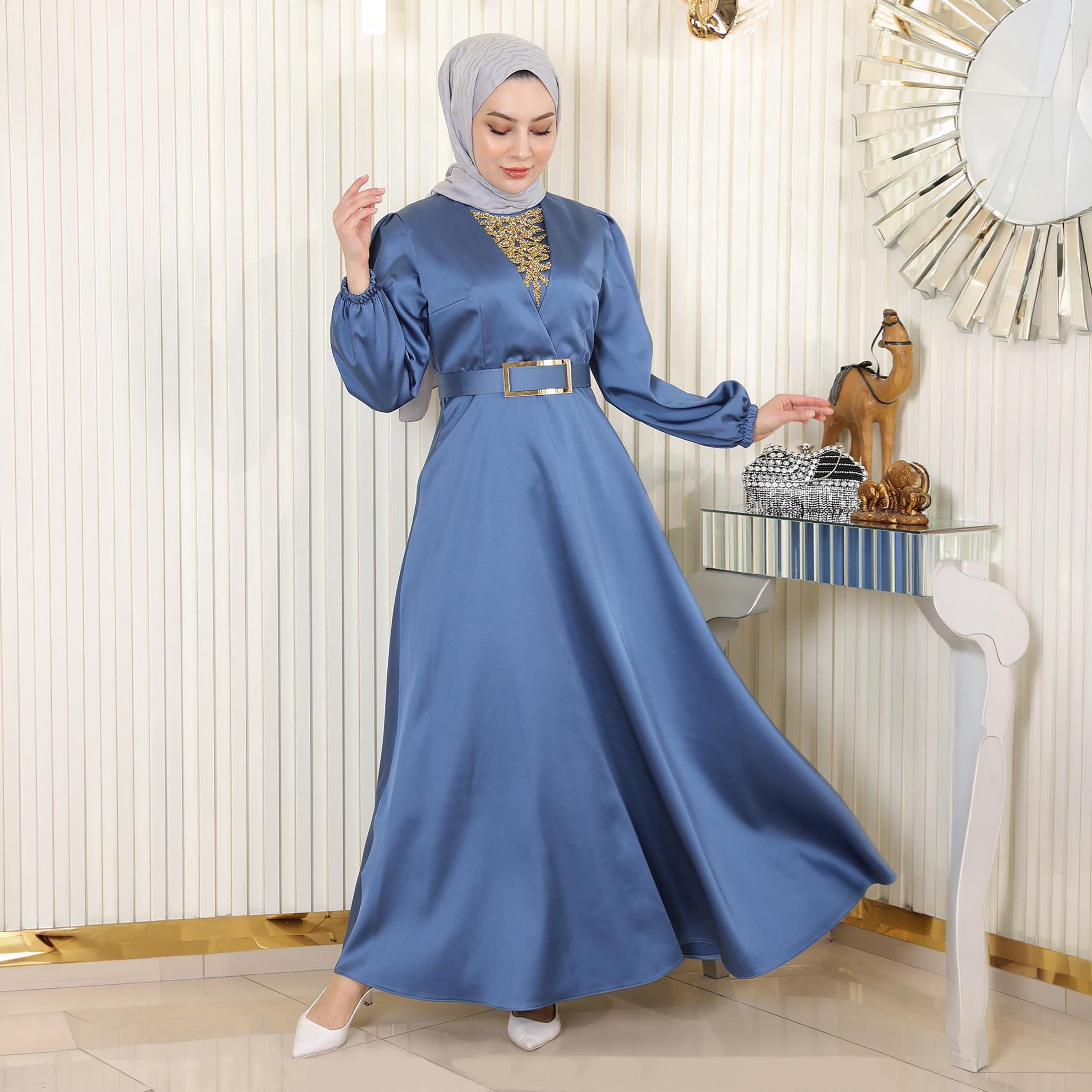 Turkish Souq Elasticated Cuff Sleeves Evening Women's Maxi Modest Dress in Satin-women-clothing-dresses-image-1