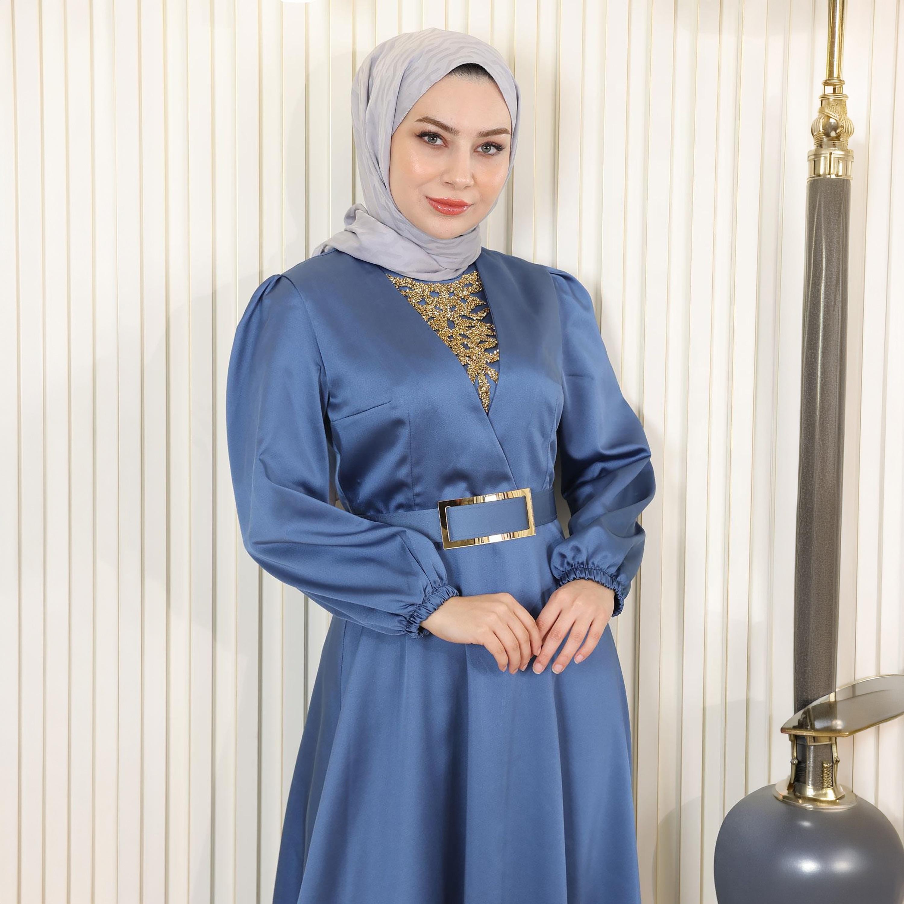 Turkish Souq Elasticated Cuff Sleeves Evening Women's Maxi Modest Dress in Satin-women-clothing-dresses-image-2