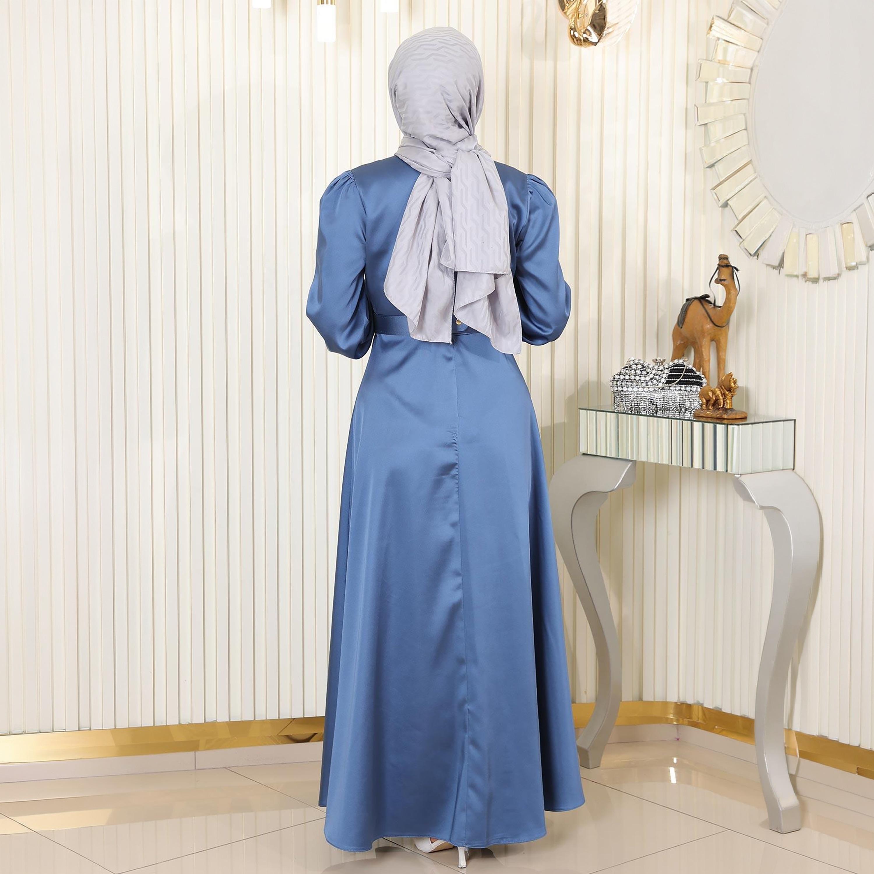Turkish Souq Elasticated Cuff Sleeves Evening Women's Maxi Modest Dress in Satin-women-clothing-dresses-image-3