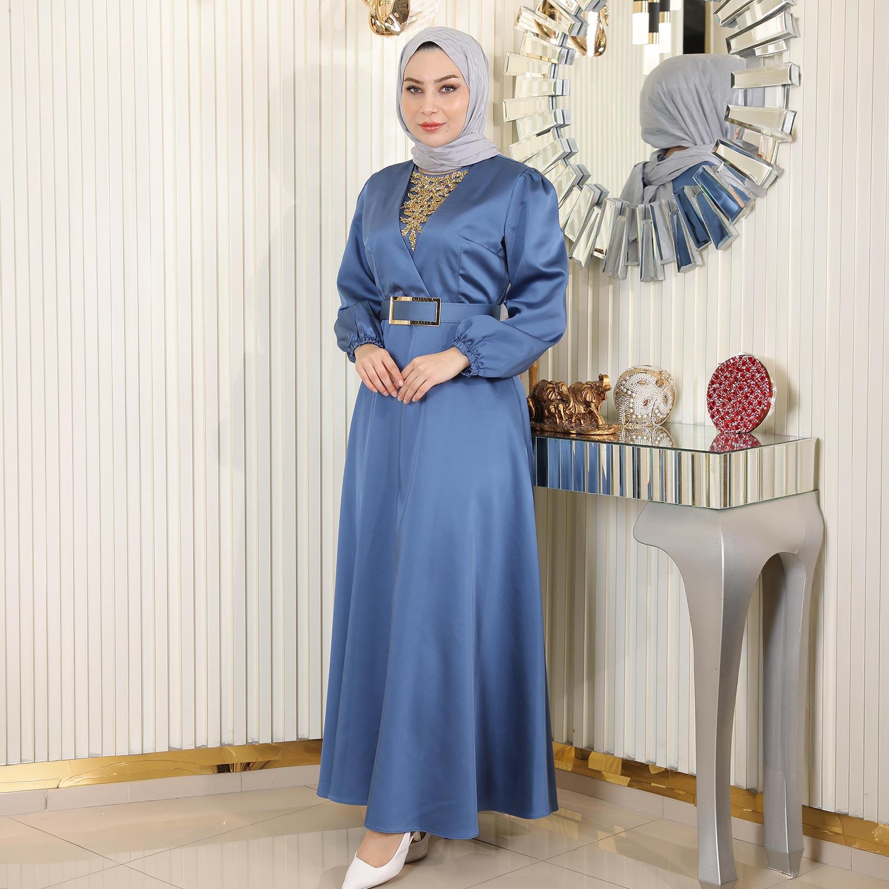 Turkish Souq Elasticated Cuff Sleeves Evening Women's Maxi Modest Dress in Satin-women-clothing-dresses-image-4