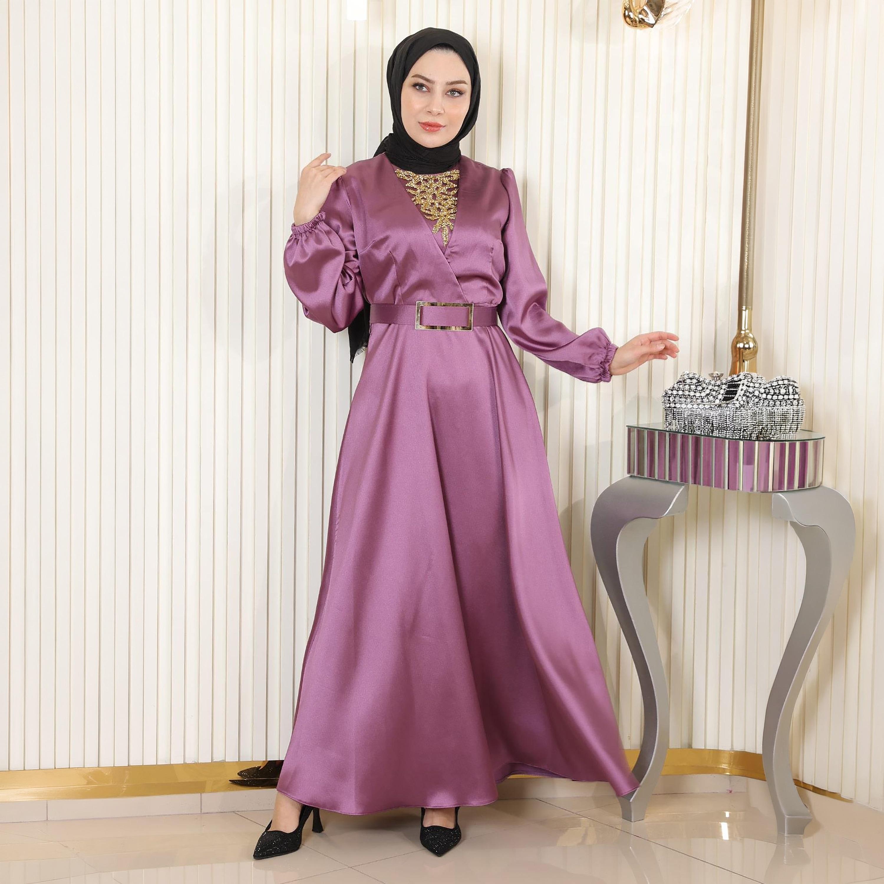 Turkish Souq Elasticated Cuff Sleeves Evening Women's Maxi Modest Dress in Satin-women-clothing-dresses-image-1