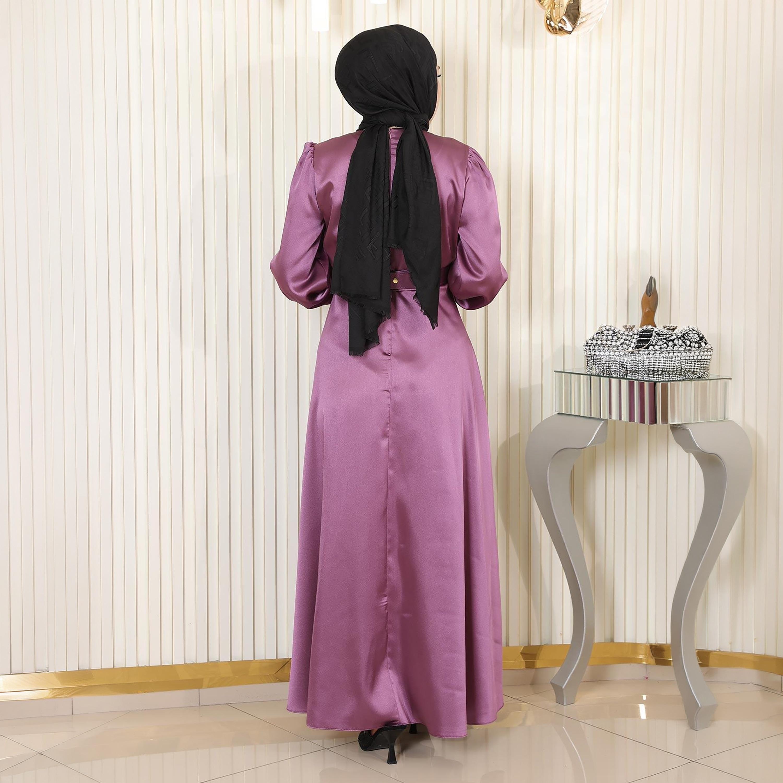 Turkish Souq Elasticated Cuff Sleeves Evening Women's Maxi Modest Dress in Satin-women-clothing-dresses-image-3