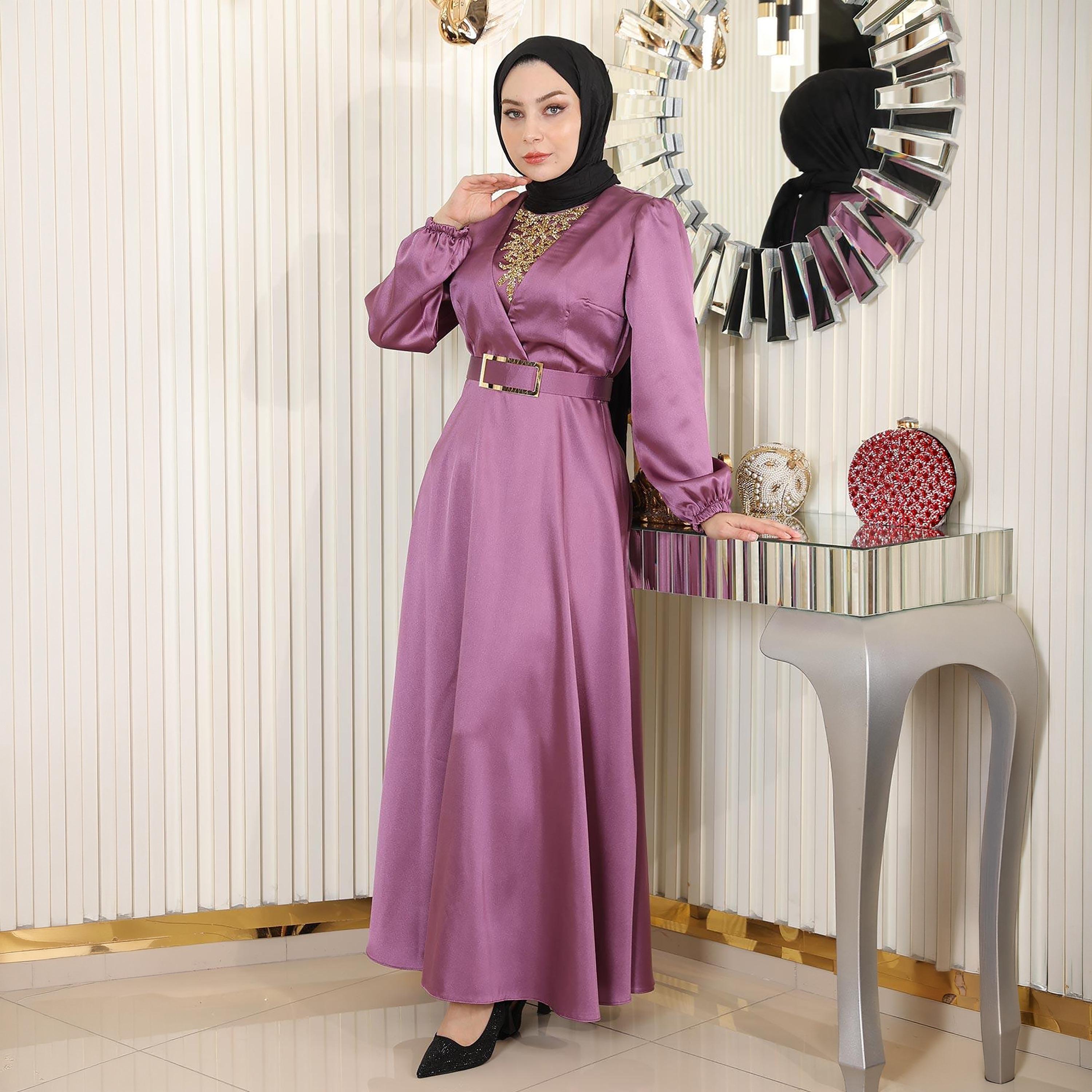 Turkish Souq Elasticated Cuff Sleeves Evening Women's Maxi Modest Dress in Satin-women-clothing-dresses-image-4