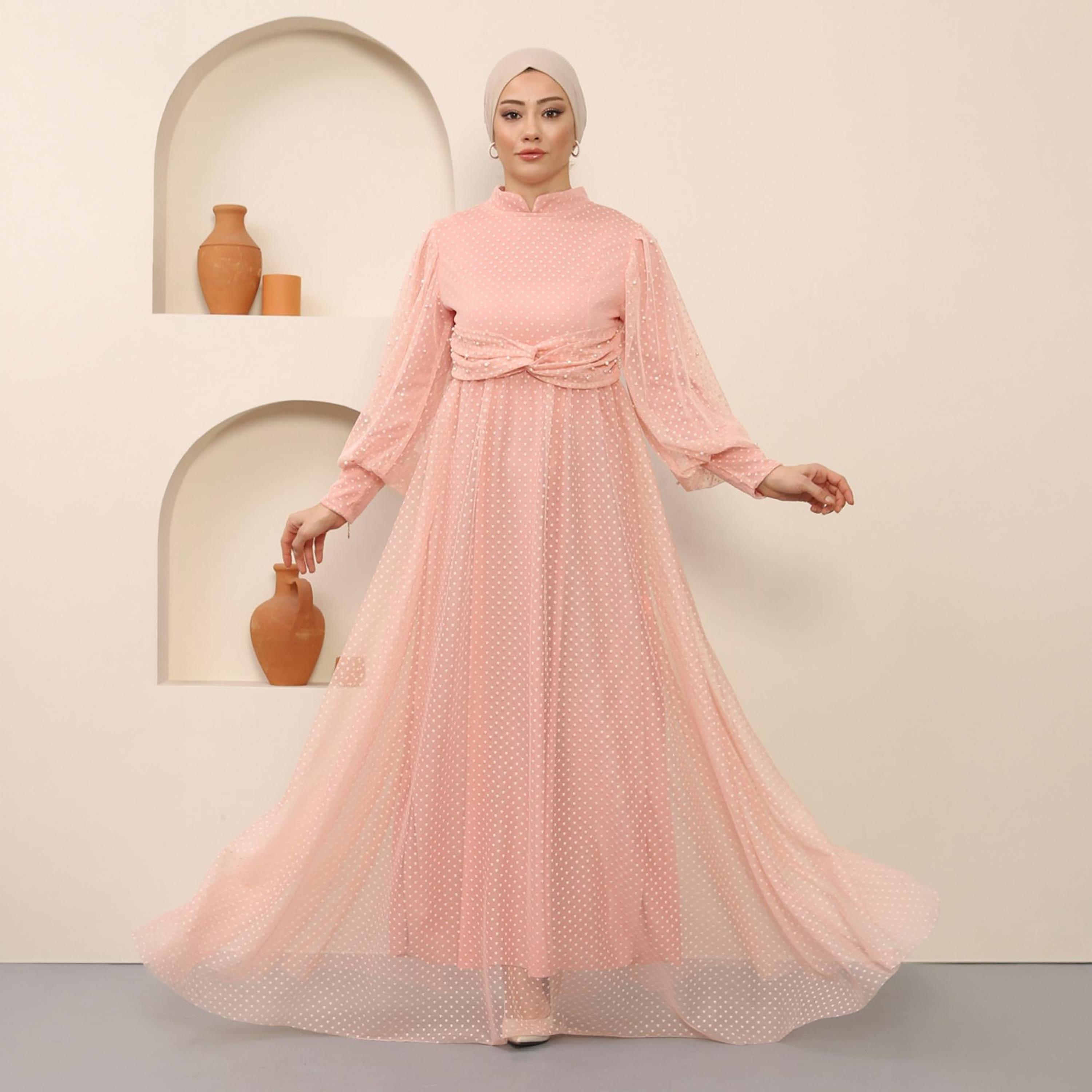 Turkish Souq Textured Pink Bishop Sleeves Evening Women's Maxi Modest Dress in Tulle-women-clothing-dresses-image-1