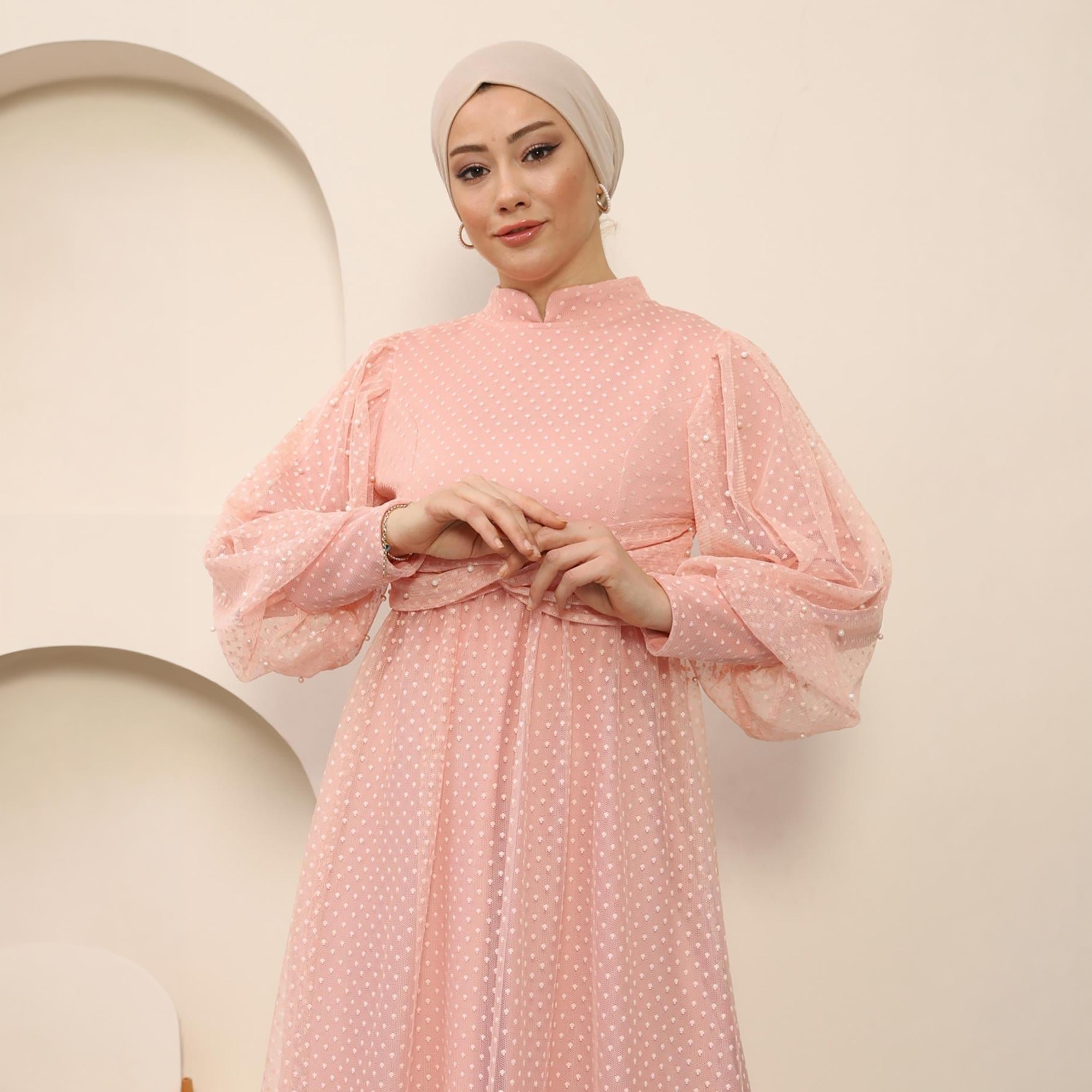 Turkish Souq Textured Pink Bishop Sleeves Evening Women's Maxi Modest Dress in Tulle-women-clothing-dresses-image-2
