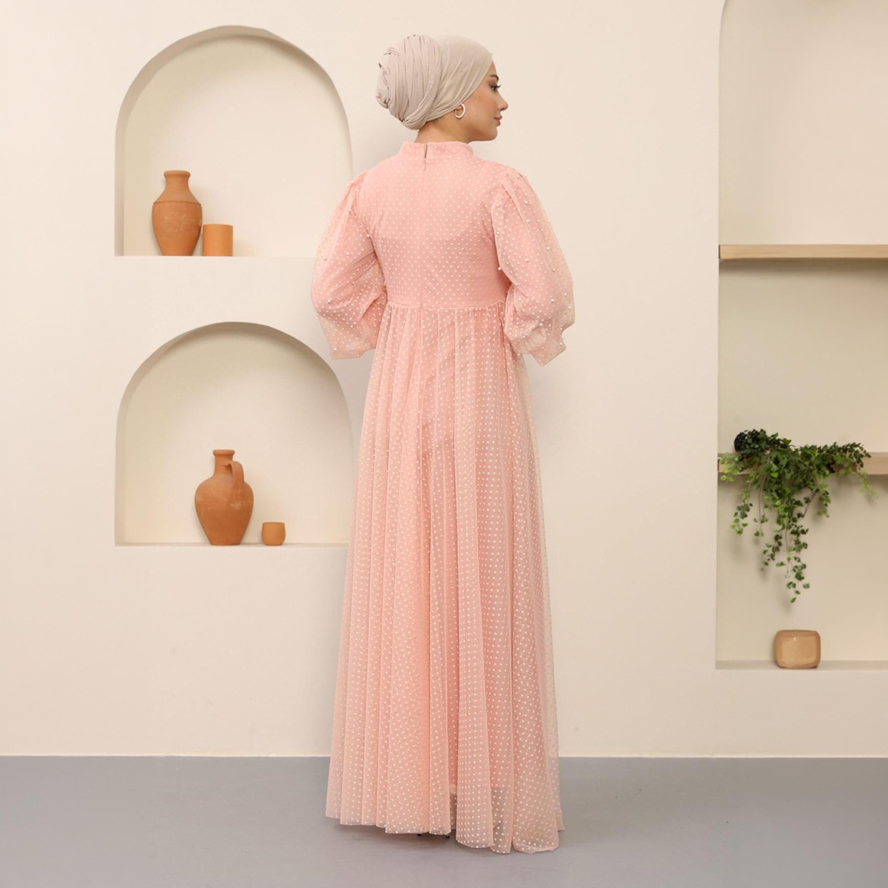 Turkish Souq Textured Pink Bishop Sleeves Evening Women's Maxi Modest Dress in Tulle-women-clothing-dresses-image-3