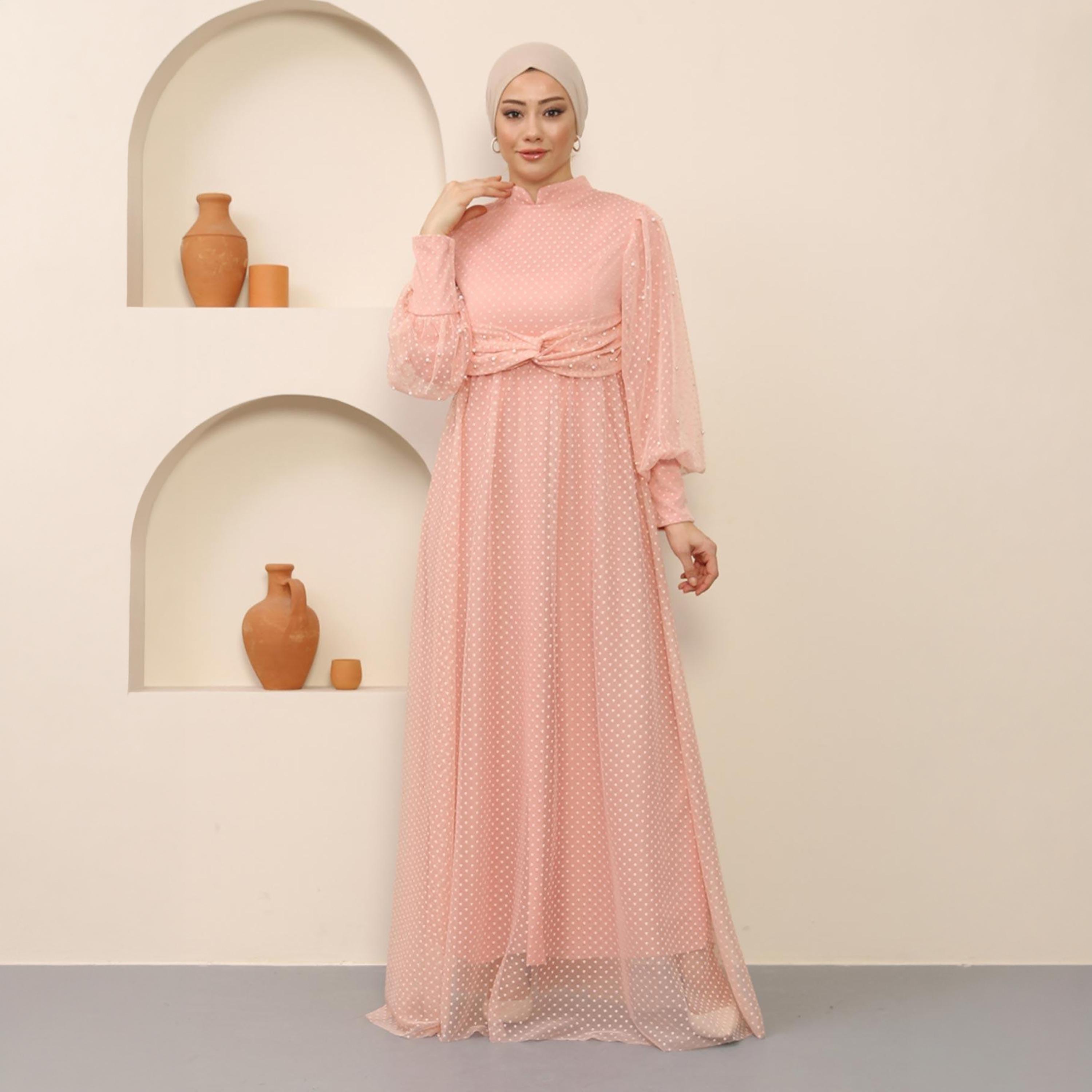 Turkish Souq Textured Pink Bishop Sleeves Evening Women's Maxi Modest Dress in Tulle-women-clothing-dresses-image-4