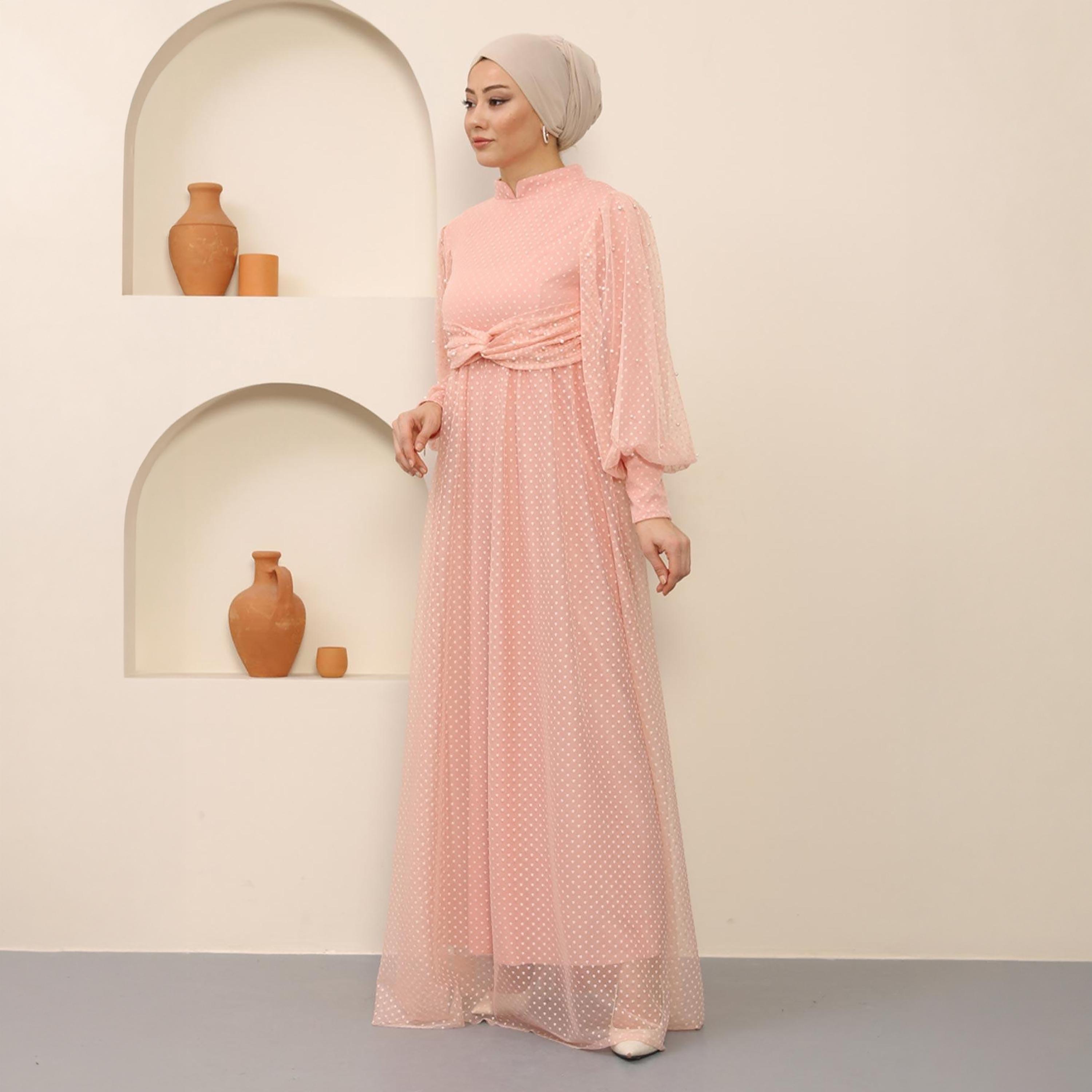 Turkish Souq Textured Pink Bishop Sleeves Evening Women's Maxi Modest Dress in Tulle-women-clothing-dresses-image-5