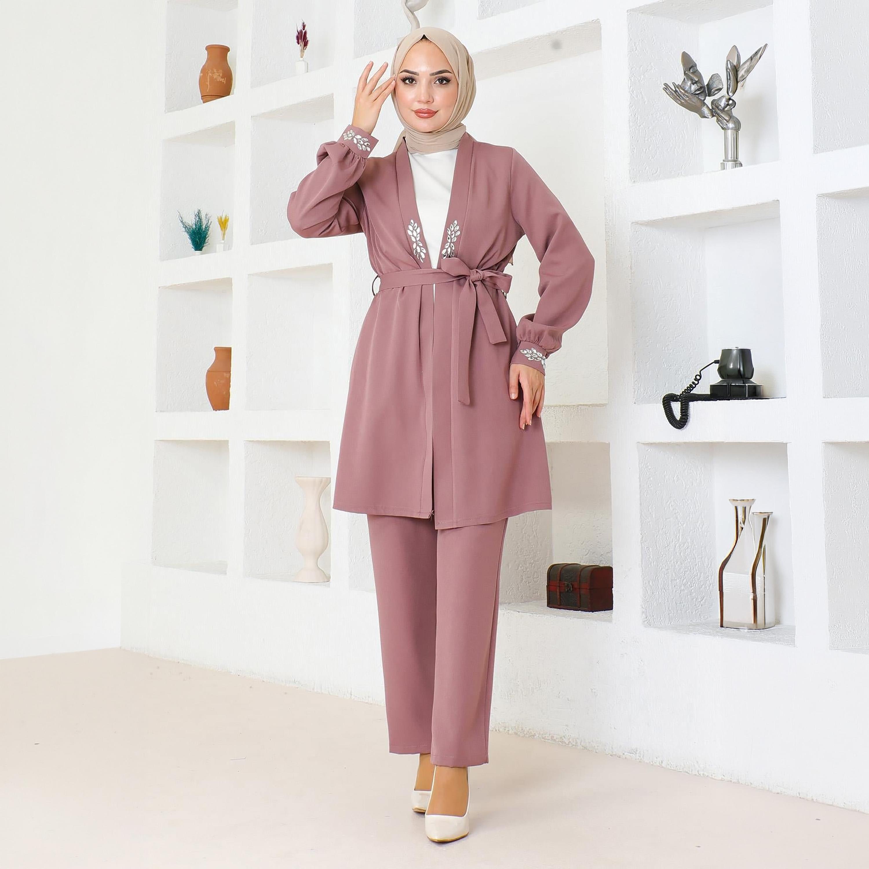 طقم نسائي من تونيك وبنطلون من الكريب باللون الوردي من توركيش سوق-women-clothing-coordsets-image-1