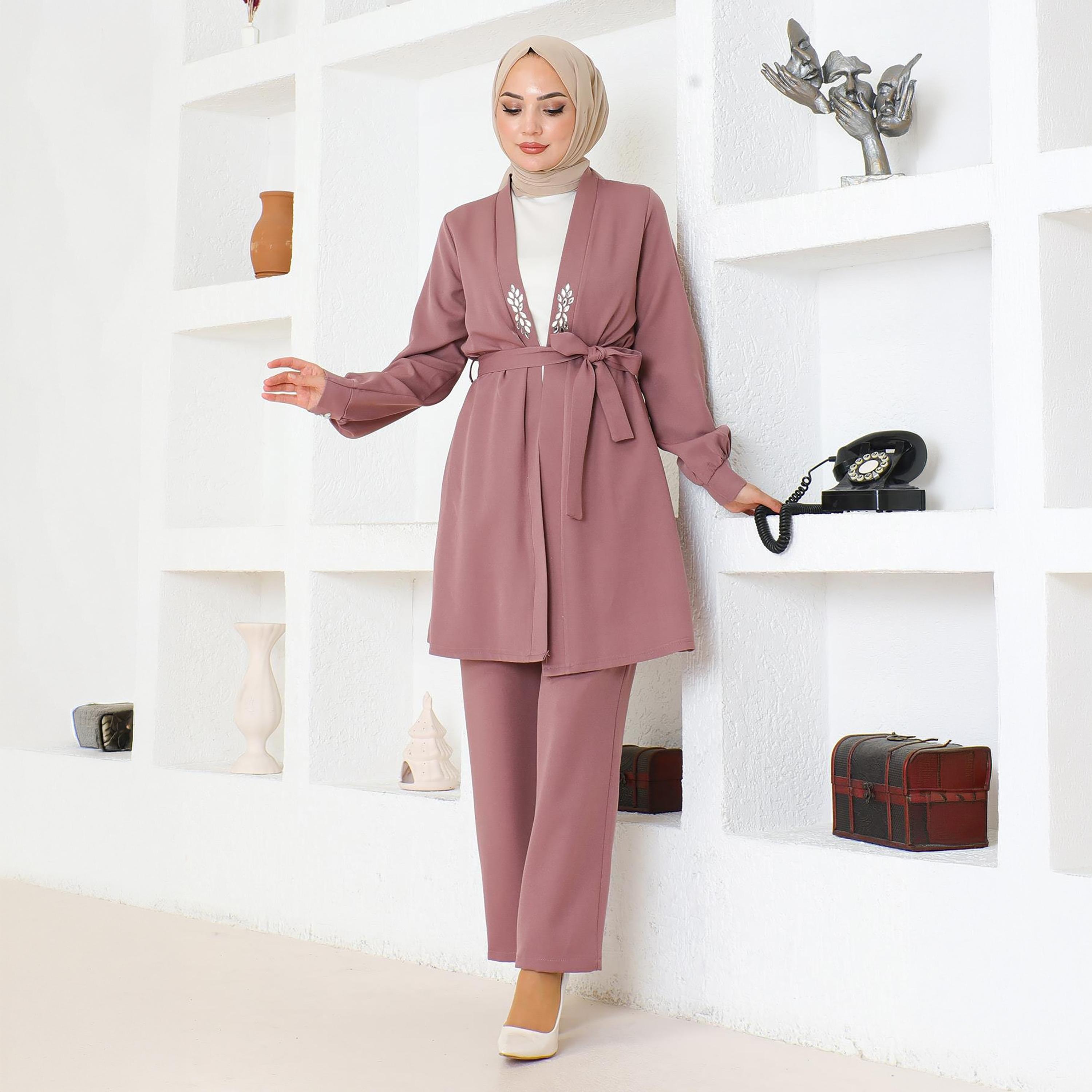طقم نسائي من تونيك وبنطلون من الكريب باللون الوردي من توركيش سوق-women-clothing-coordsets-image-2