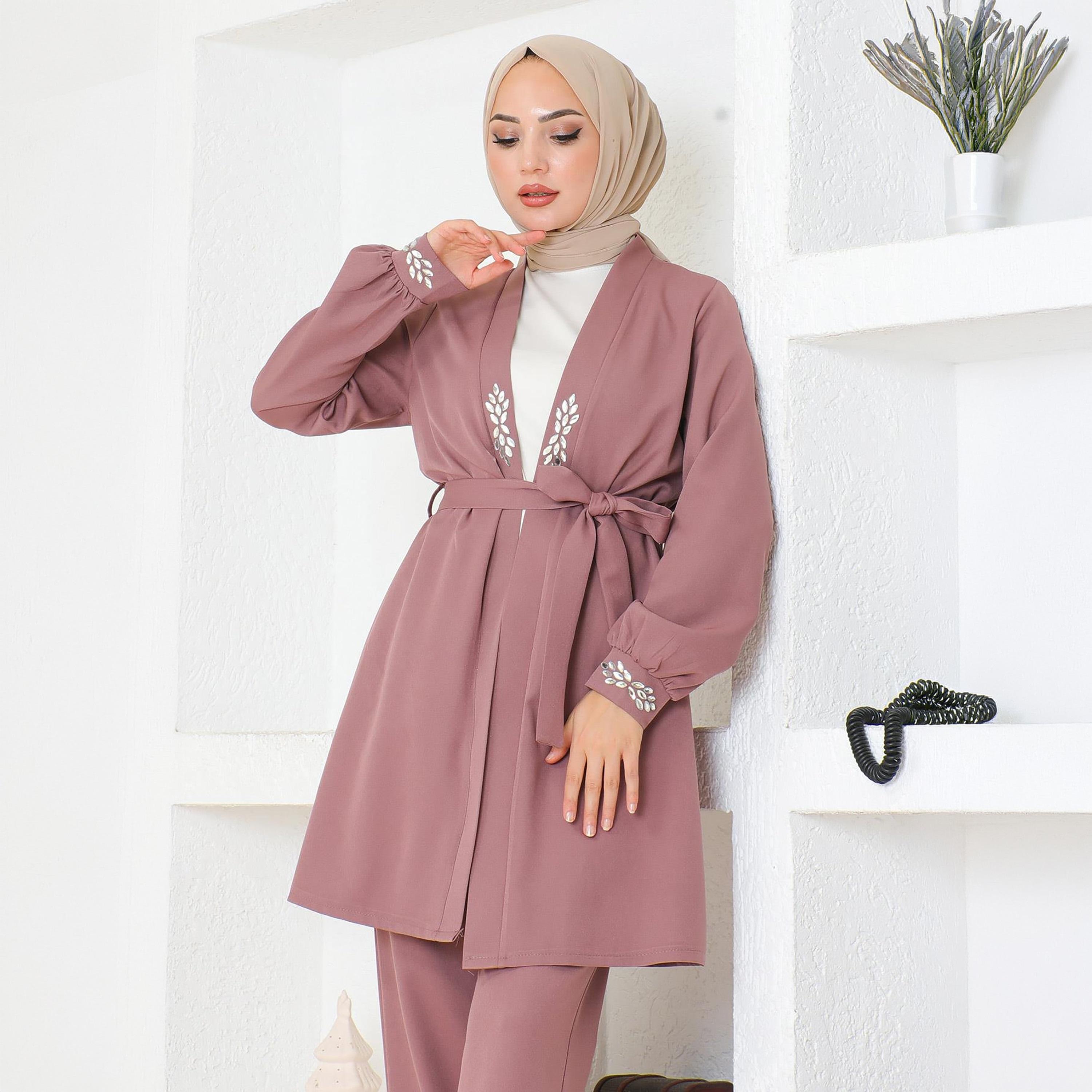 طقم نسائي من تونيك وبنطلون من الكريب باللون الوردي من توركيش سوق-women-clothing-coordsets-image-4
