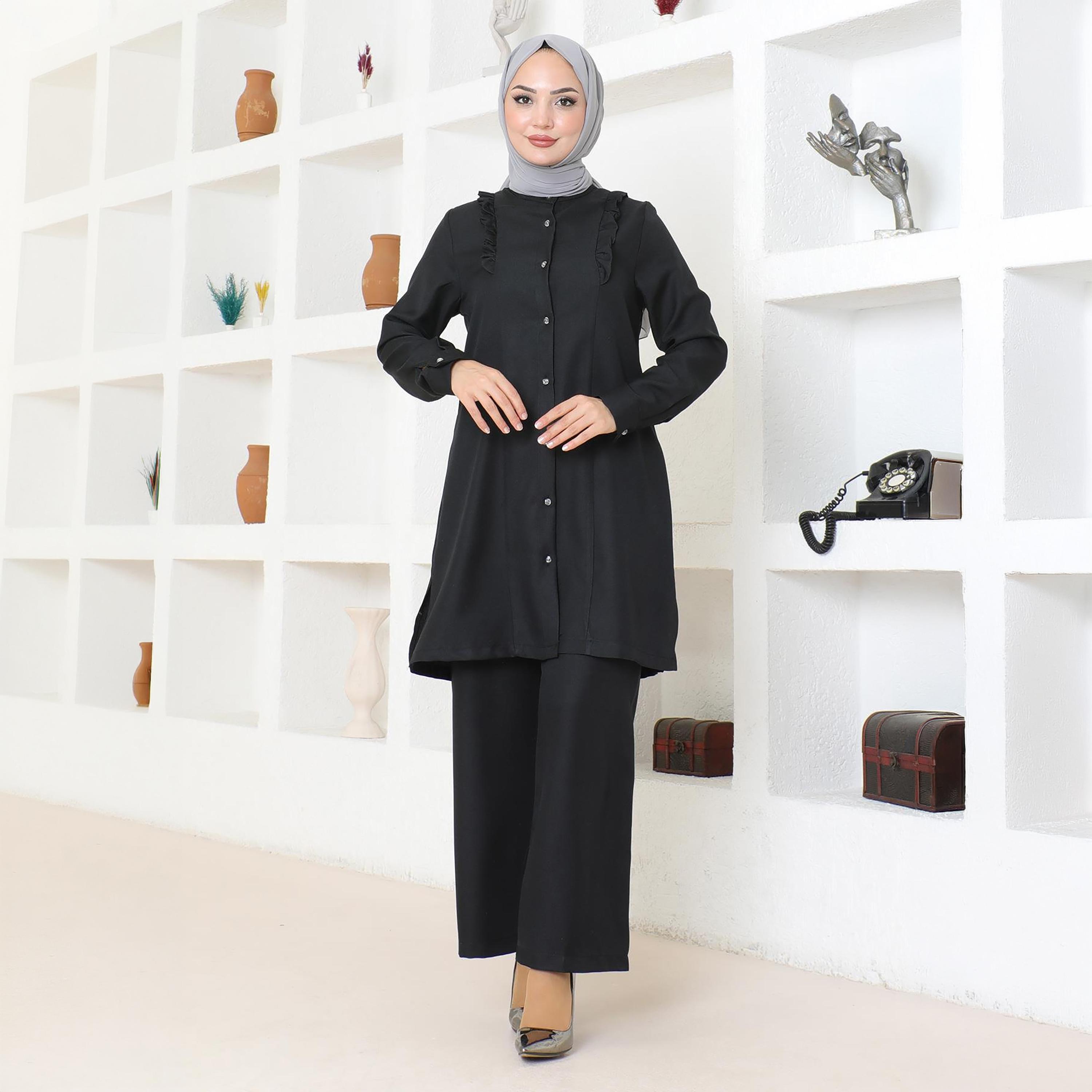 Turkish Souq Black Linen Tunic & Trousers Women's Set-women-clothing-coordsets-image-1