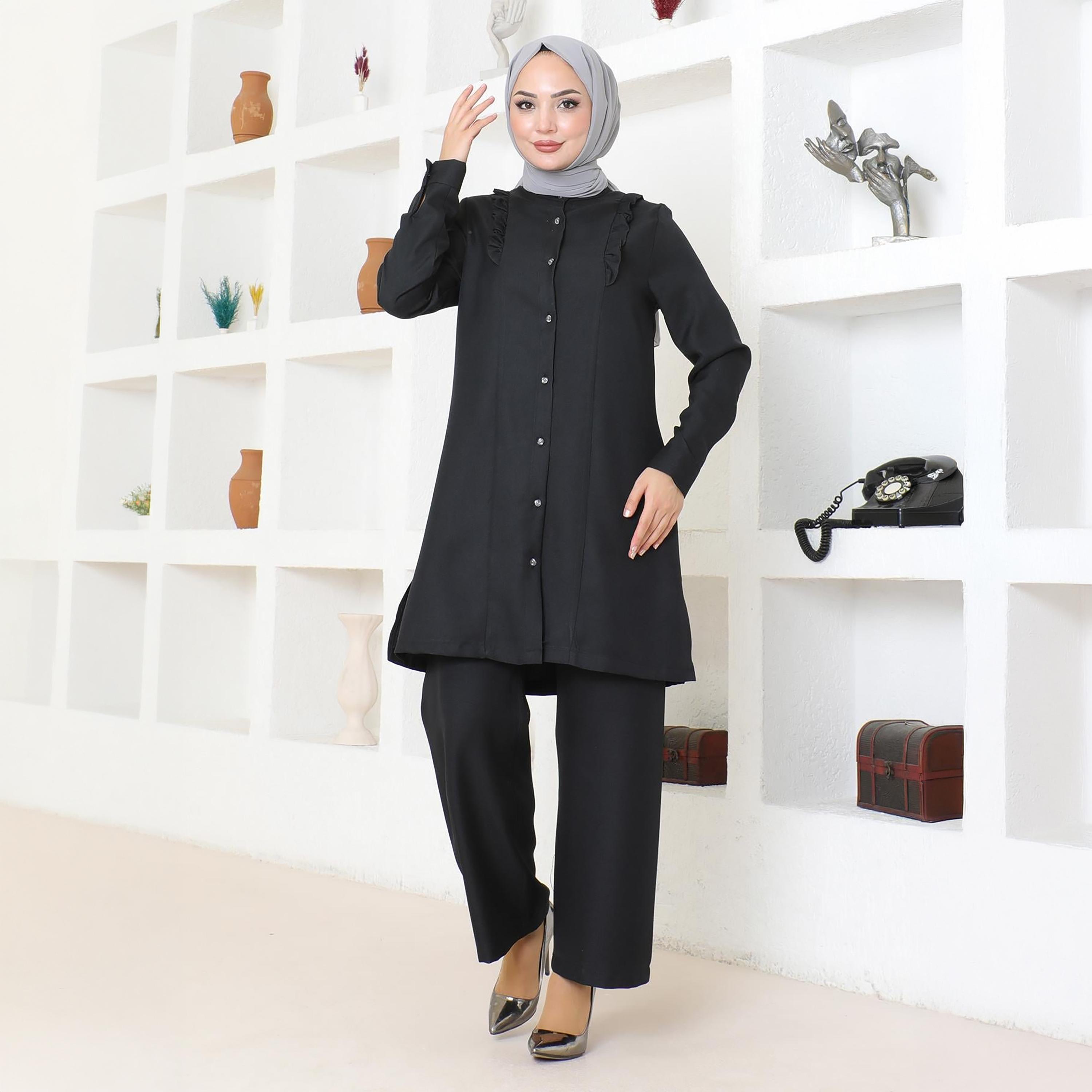 Turkish Souq Black Linen Tunic & Trousers Women's Set-women-clothing-coordsets-image-2