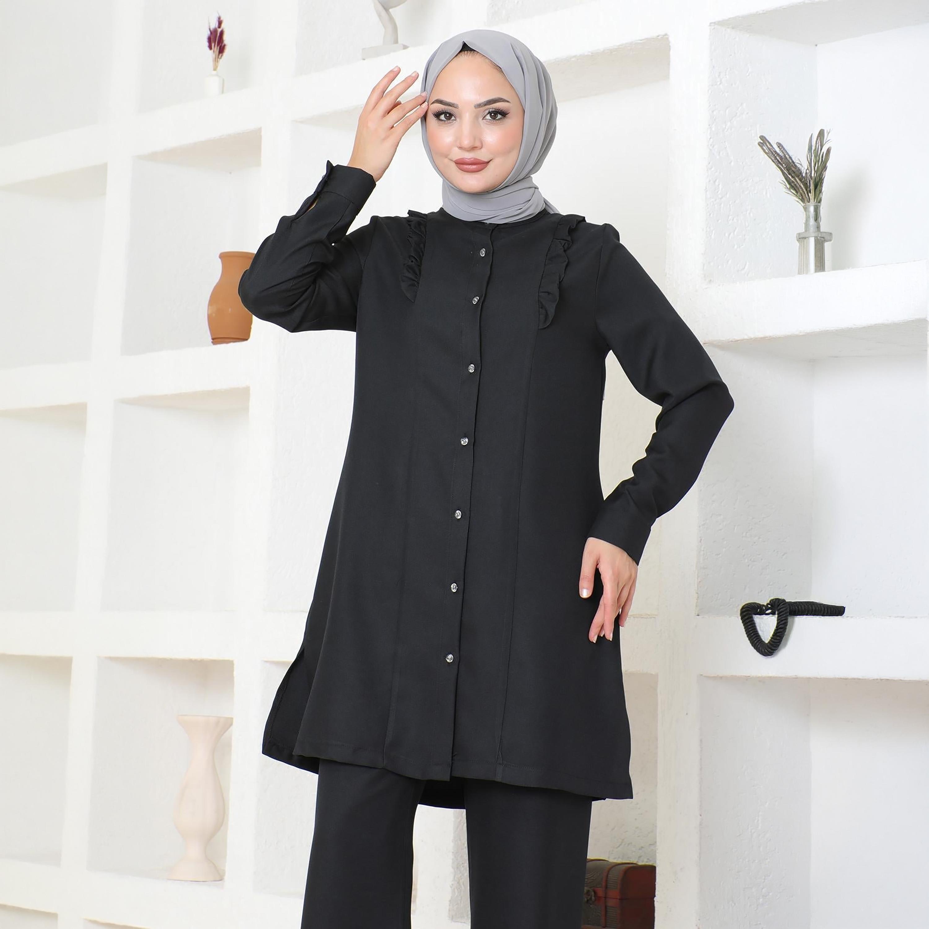 Turkish Souq Black Linen Tunic & Trousers Women's Set-women-clothing-coordsets-image-4