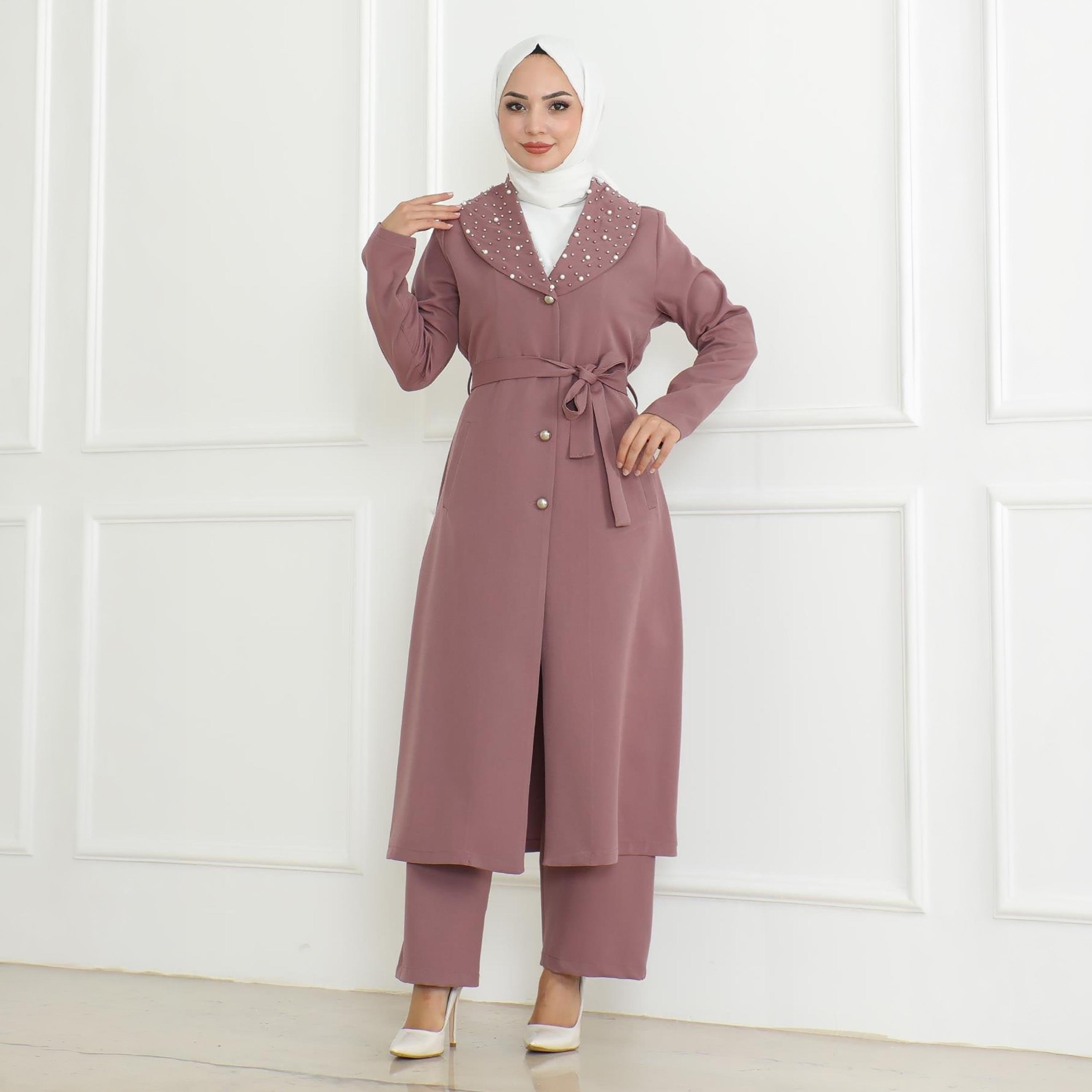 Turkish Souq Pink Crepe Long Coat & Trousers Women's Set-women-clothing-coordsets-image-1
