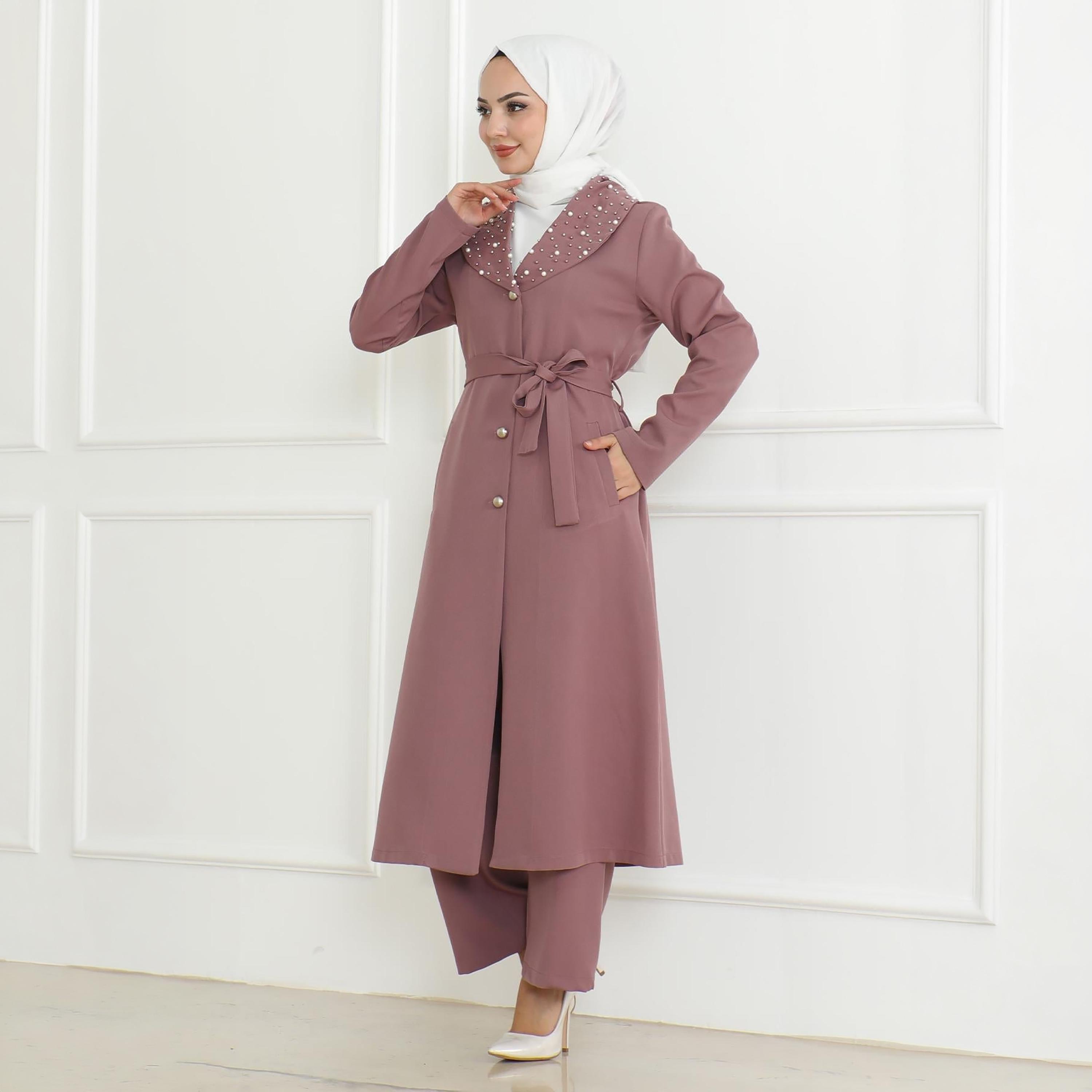 Turkish Souq Pink Crepe Long Coat & Trousers Women's Set-women-clothing-coordsets-image-2