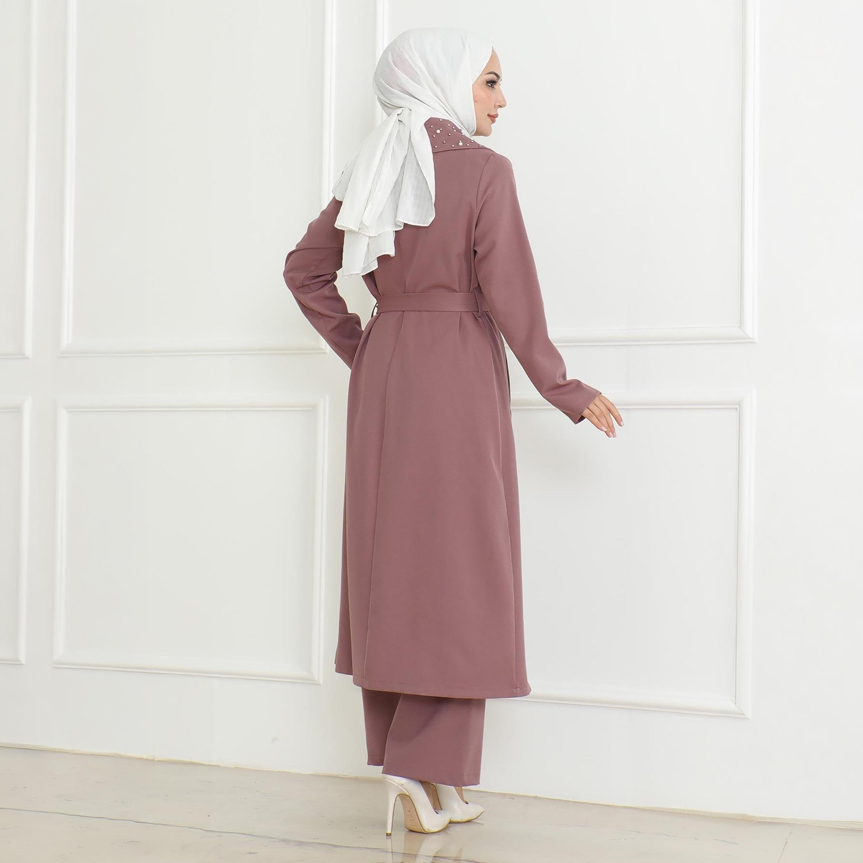 Turkish Souq Pink Crepe Long Coat & Trousers Women's Set-women-clothing-coordsets-image-3