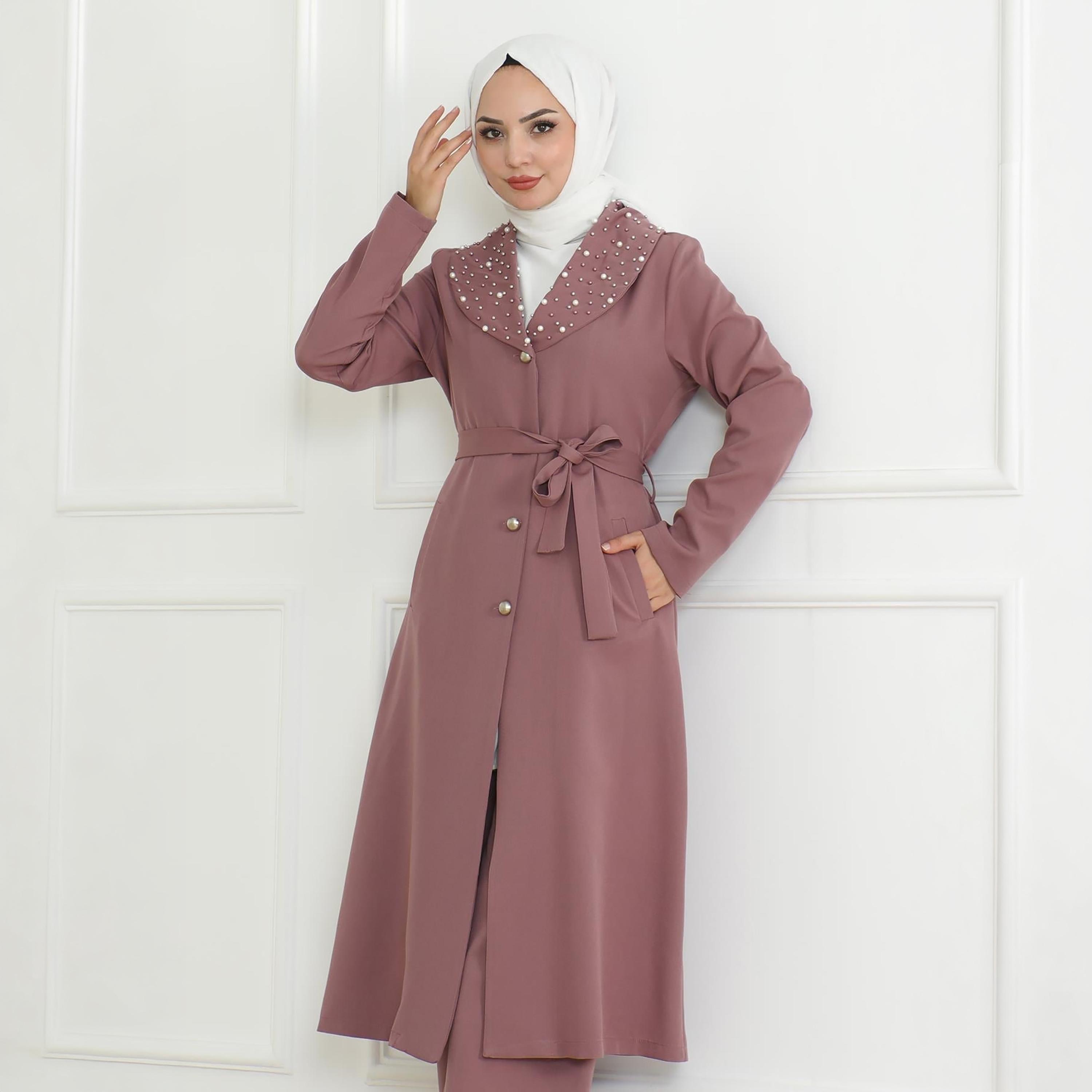 Turkish Souq Pink Crepe Long Coat & Trousers Women's Set-women-clothing-coordsets-image-4