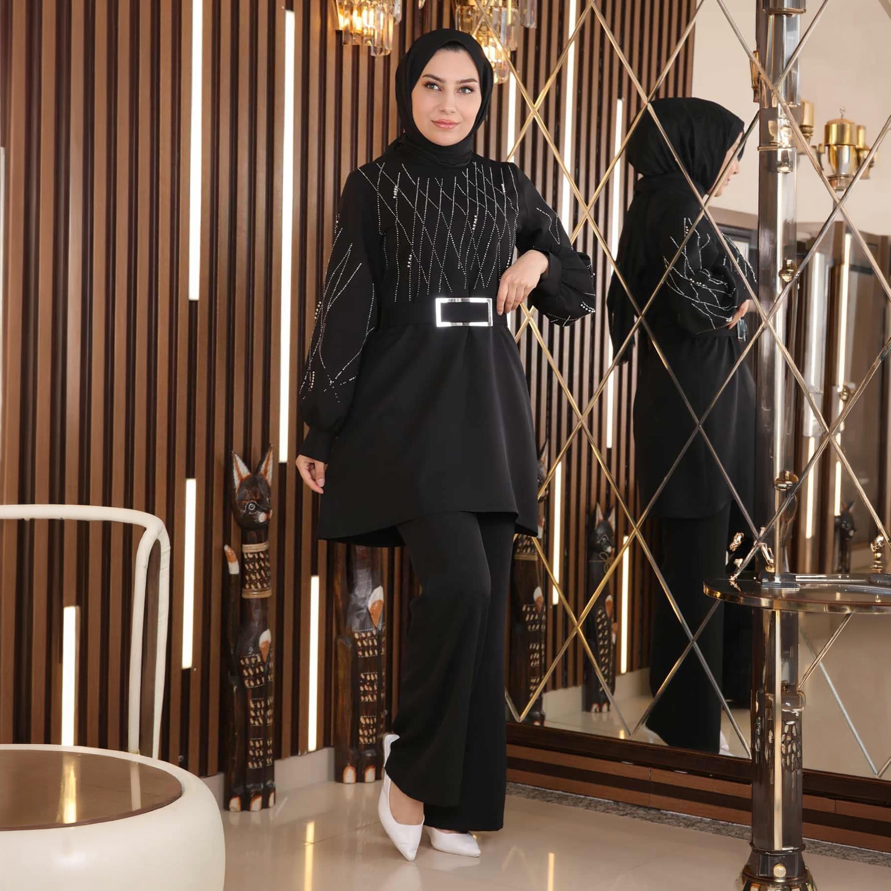 Turkish Souq Black Stone Work Crepe Tunic & Trousers Women's Set-women-clothing-coordsets-image-1