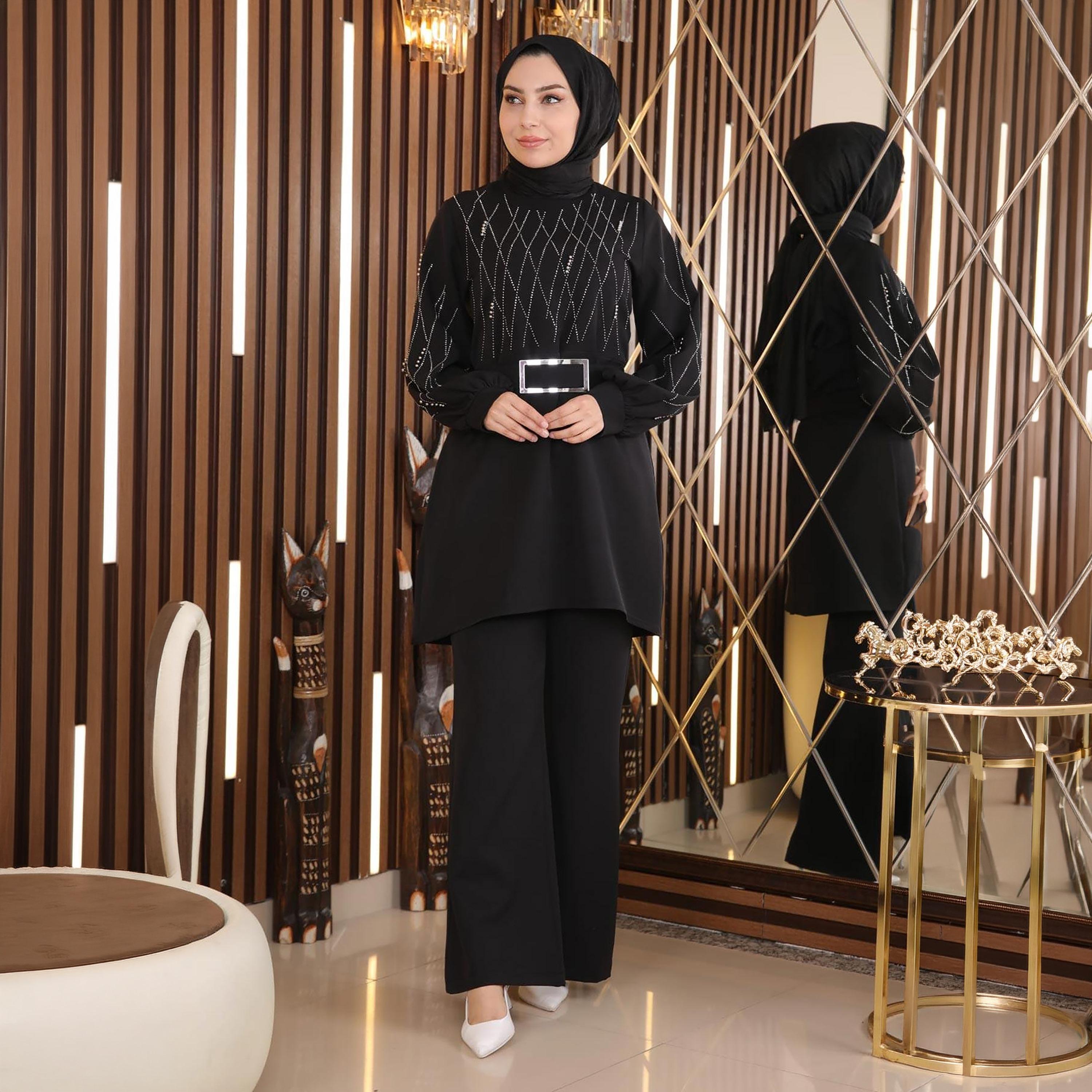 Turkish Souq Black Stone Work Crepe Tunic & Trousers Women's Set-women-clothing-coordsets-image-2