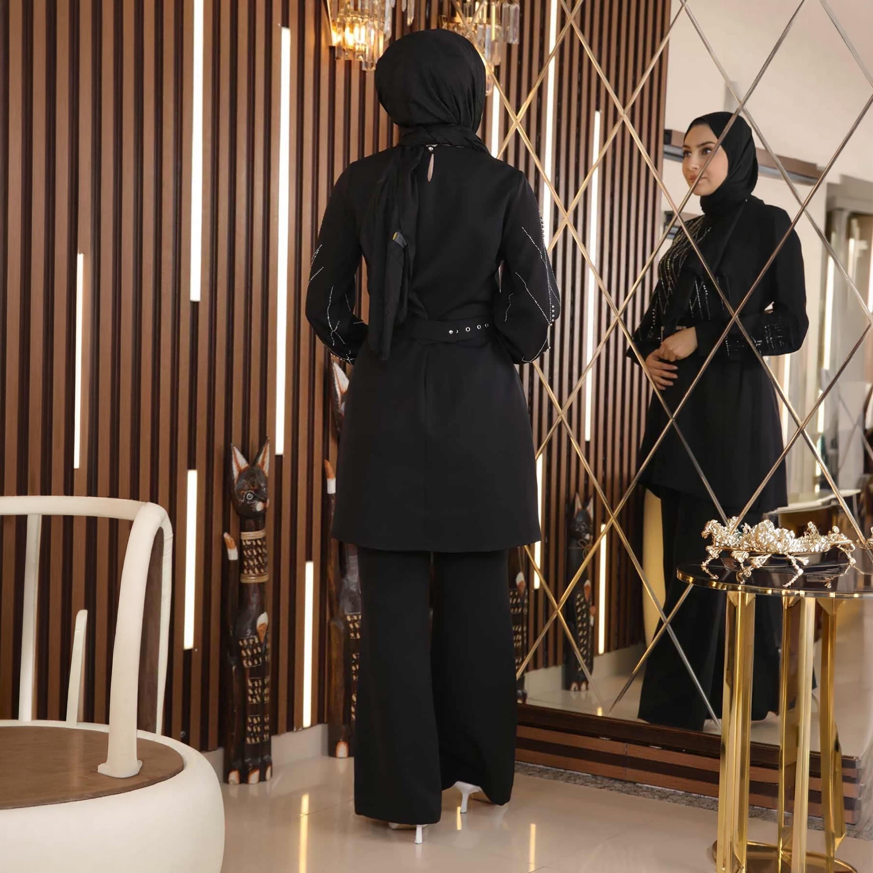Turkish Souq Black Stone Work Crepe Tunic & Trousers Women's Set-women-clothing-coordsets-image-3