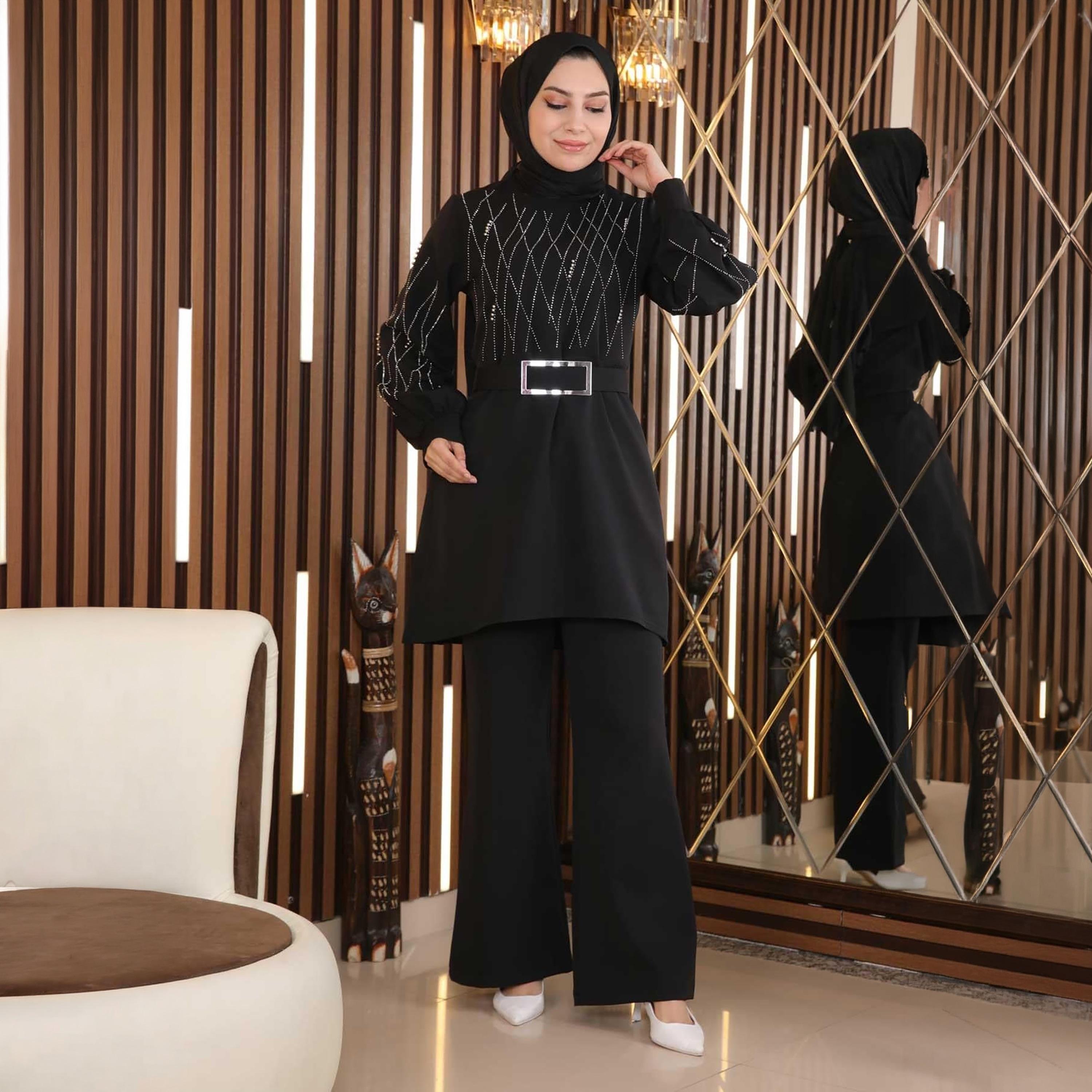 Turkish Souq Black Stone Work Crepe Tunic & Trousers Women's Set-women-clothing-coordsets-image-5