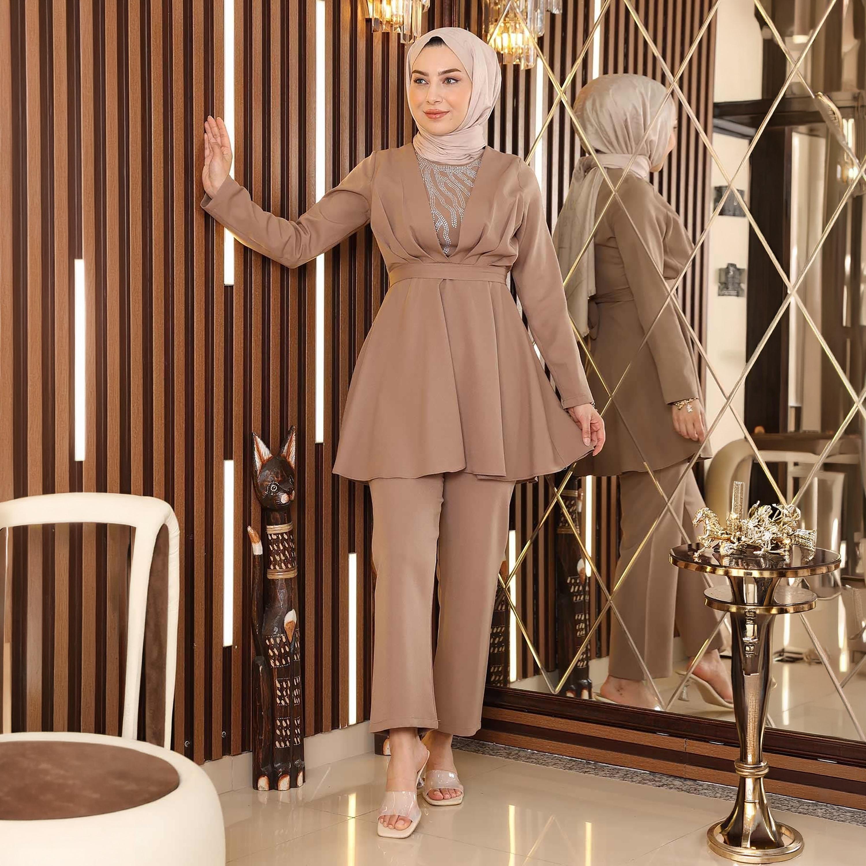 Turkish Souq Embellished Crepe Peplum Tunic & Trousers Women's Set-women-clothing-coordsets-image-2