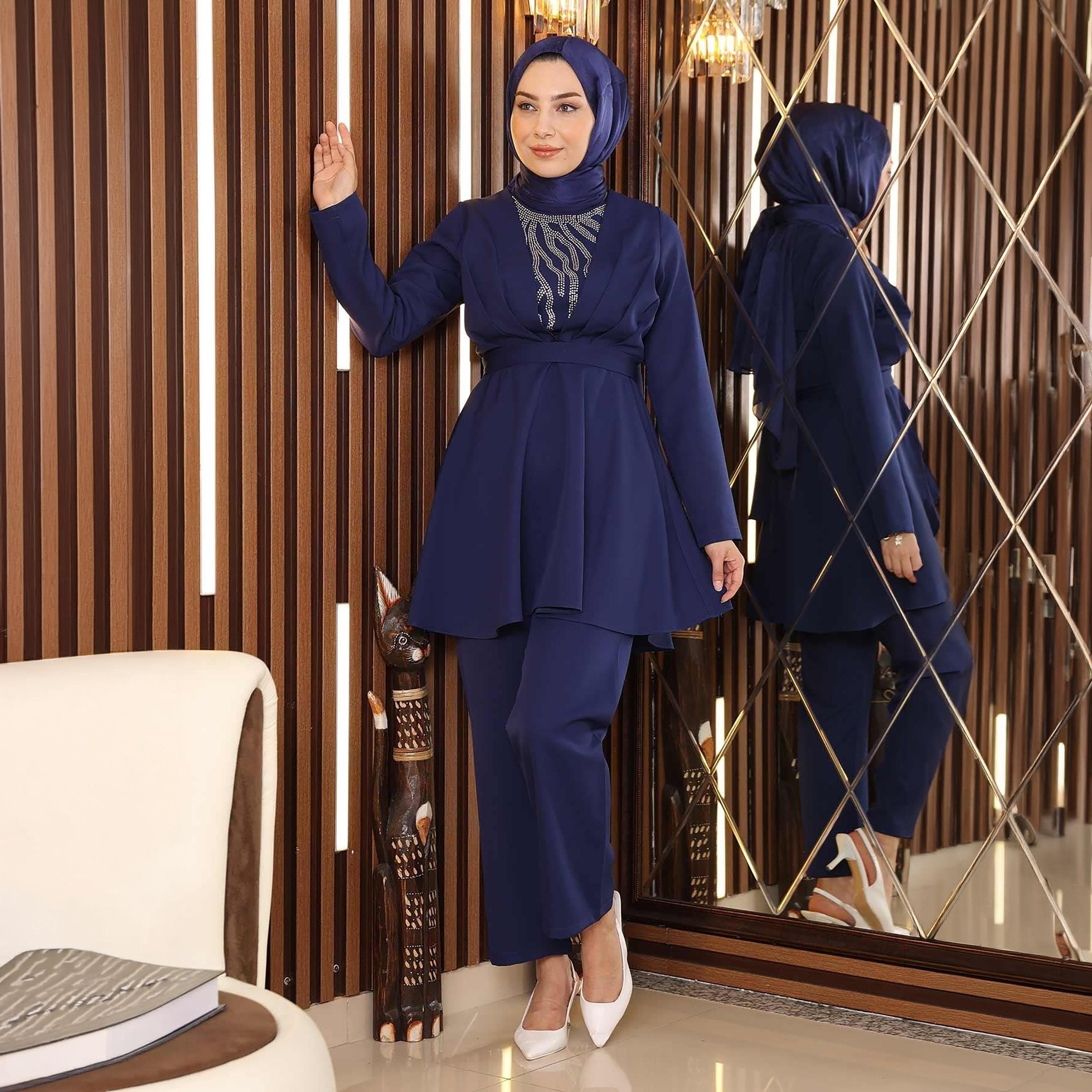 Turkish Souq Embellished Crepe Peplum Tunic & Trousers Women's Set-women-clothing-coordsets-image-2