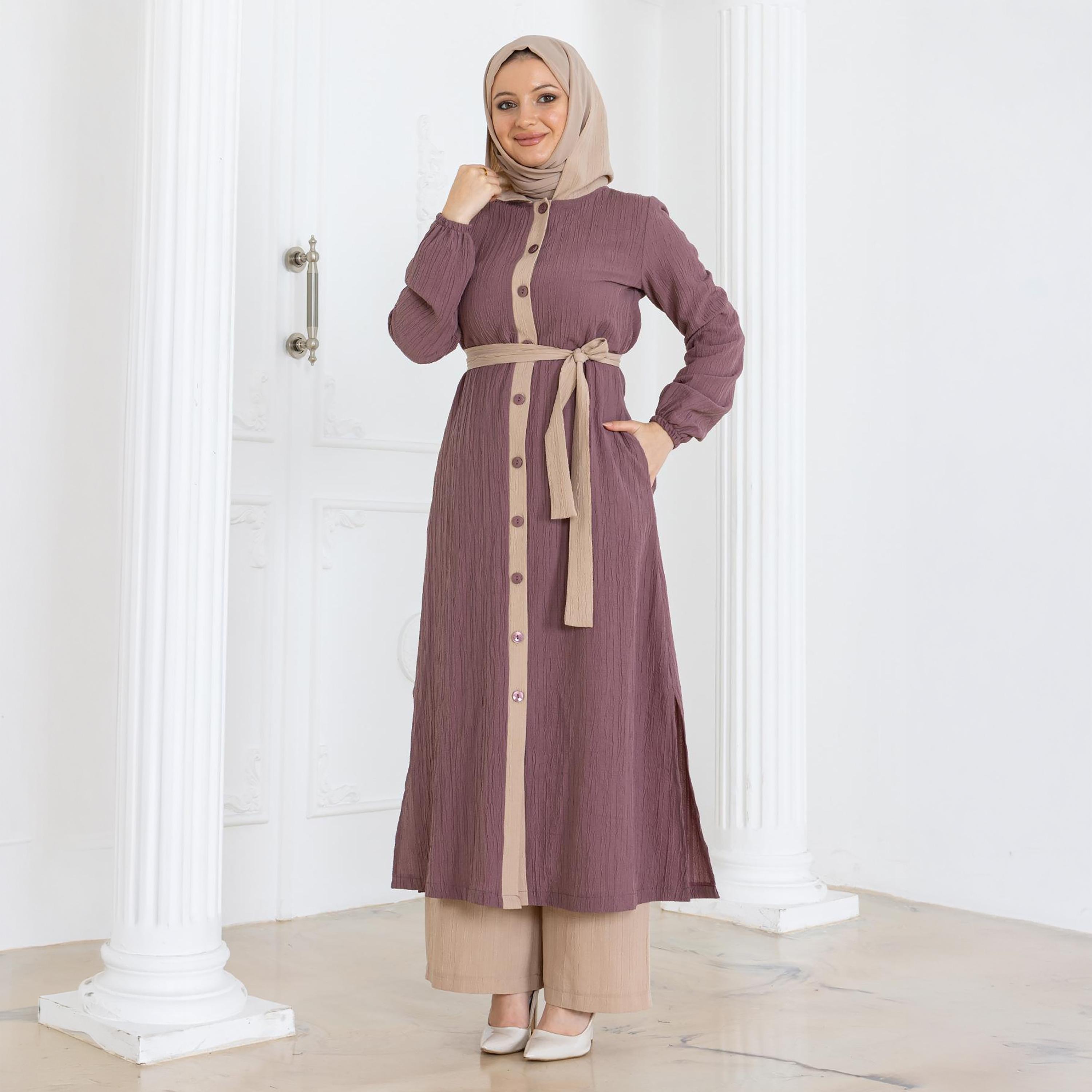 طقم نسائي من تونيك طويل وبنطلون مجعد باللون الوردي من توركيش سوق-women-clothing-coordsets-image-1